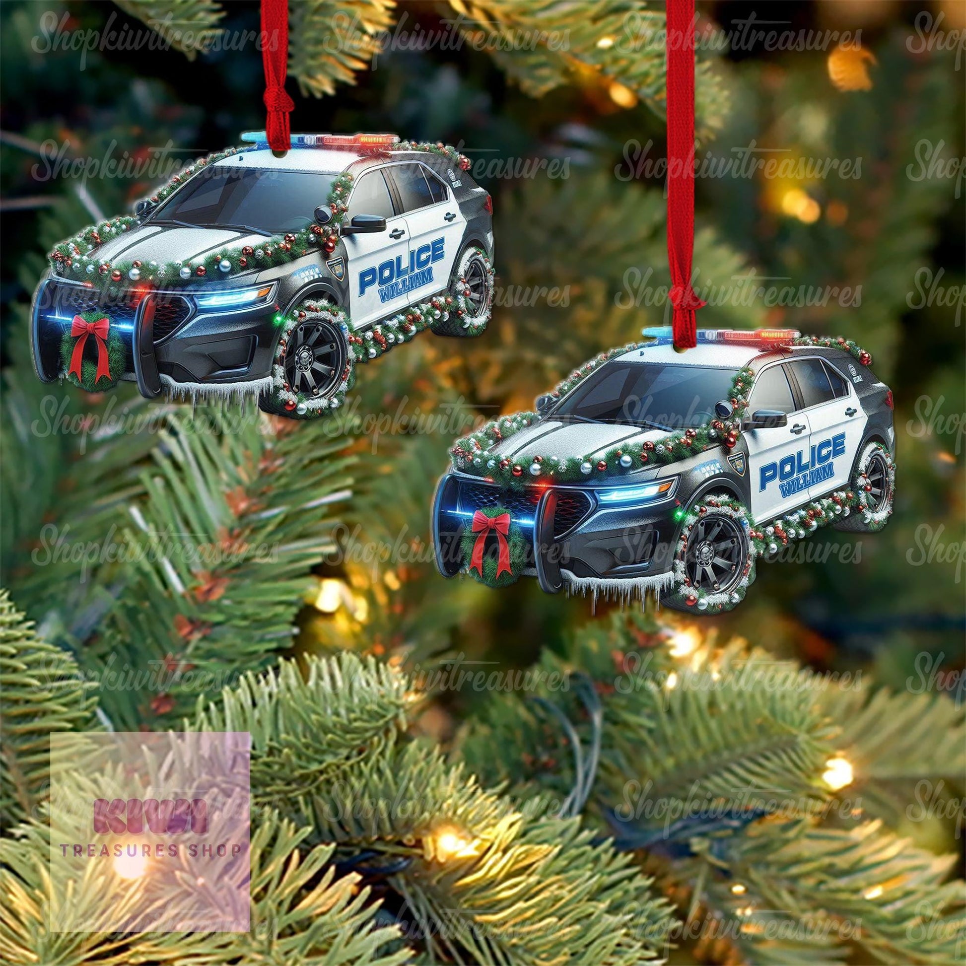 Personalized Police Car Xmas Ornament, 2D Flat Police Ornament, Police son gift, Christmas Police ornament, xmas hanging, gift for son