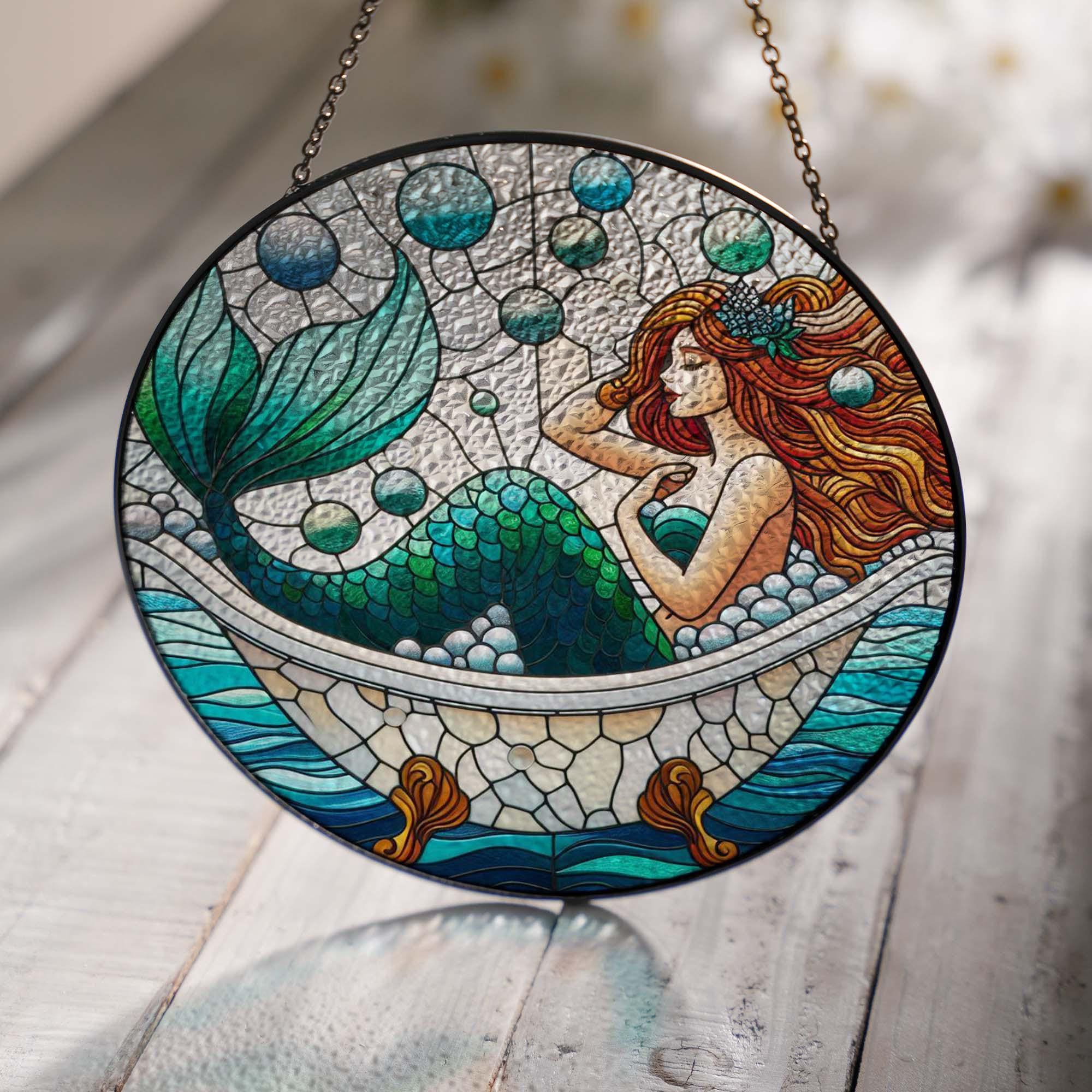 Mermaid in bath tub GLASS Window Hanging, Mermaid lover gift, Mermaid glass ornament, Bathroom decor, Bathroom hanging