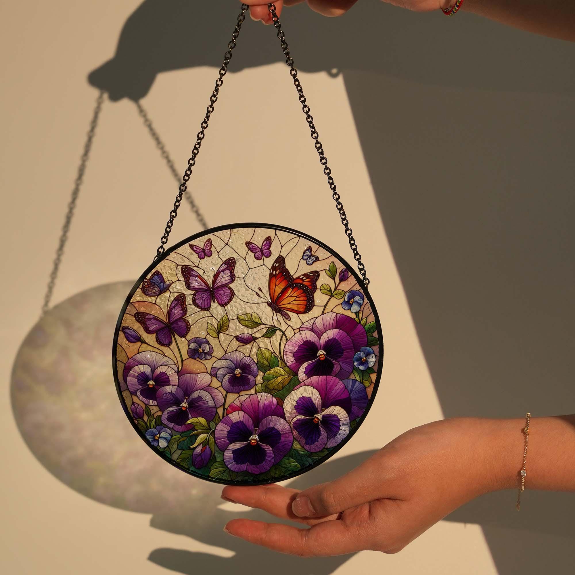Pansy Flower With Butterflies GLASS, Pansy Flower Decor, Flower Suncatcher, Flower Lover Gift, Gift For Mom, Suncatcher Decor,Mom Gift