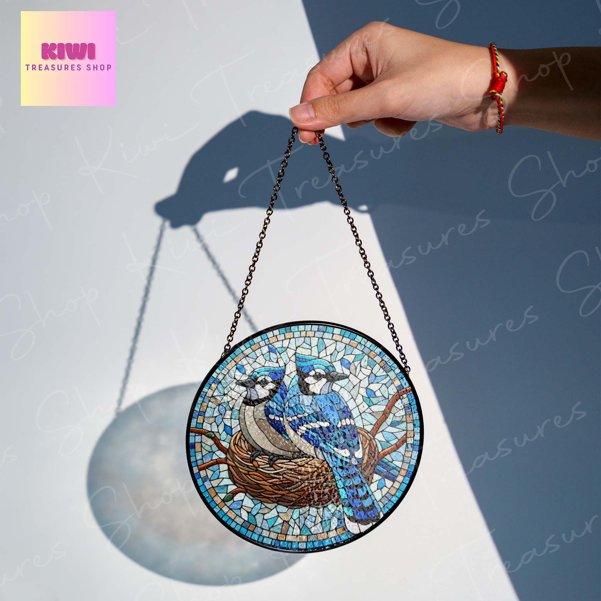 Blue jay nest on branch GLASS Suncatcher Hanging, blue jay lovers gift, Window hanging, Suncatcher ornament, Bird nerd gift, bird feeder