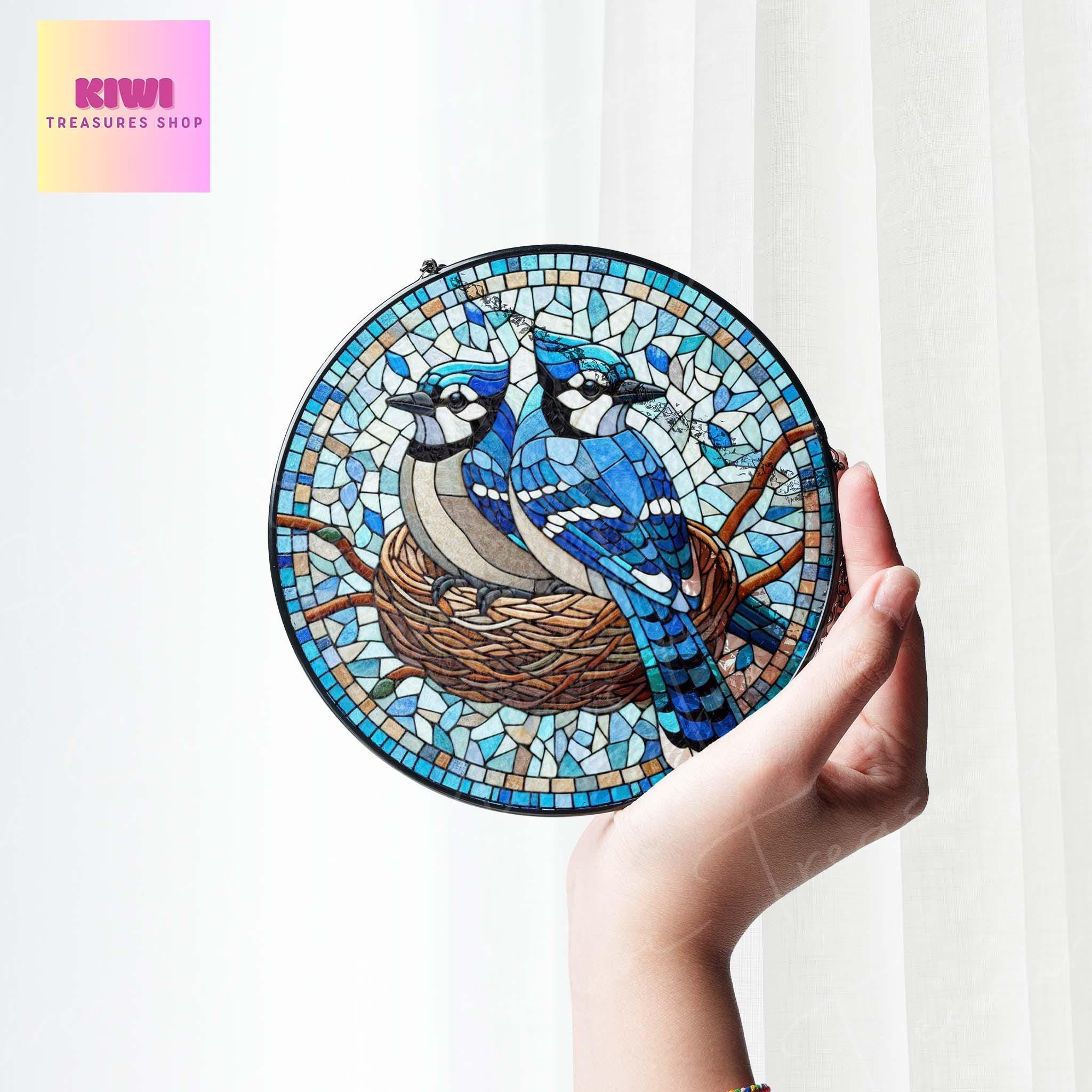 Blue jay nest on branch GLASS Suncatcher Hanging, blue jay lovers gift, Window hanging, Suncatcher ornament, Bird nerd gift, bird feeder