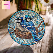 Blue jay nest on branch GLASS Suncatcher Hanging, blue jay lovers gift, Window hanging, Suncatcher ornament, Bird nerd gift, bird feeder