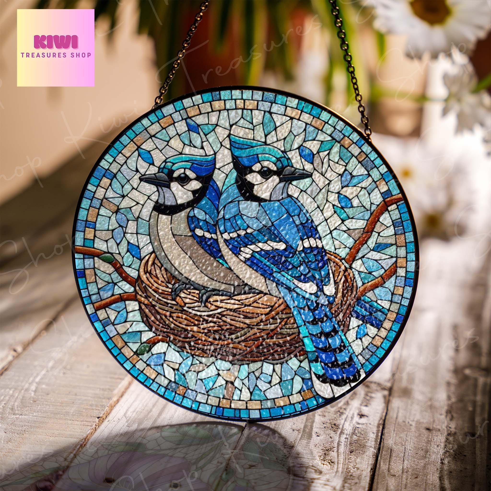 Blue jay nest on branch GLASS Suncatcher Hanging, blue jay lovers gift, Window hanging, Suncatcher ornament, Bird nerd gift, bird feeder