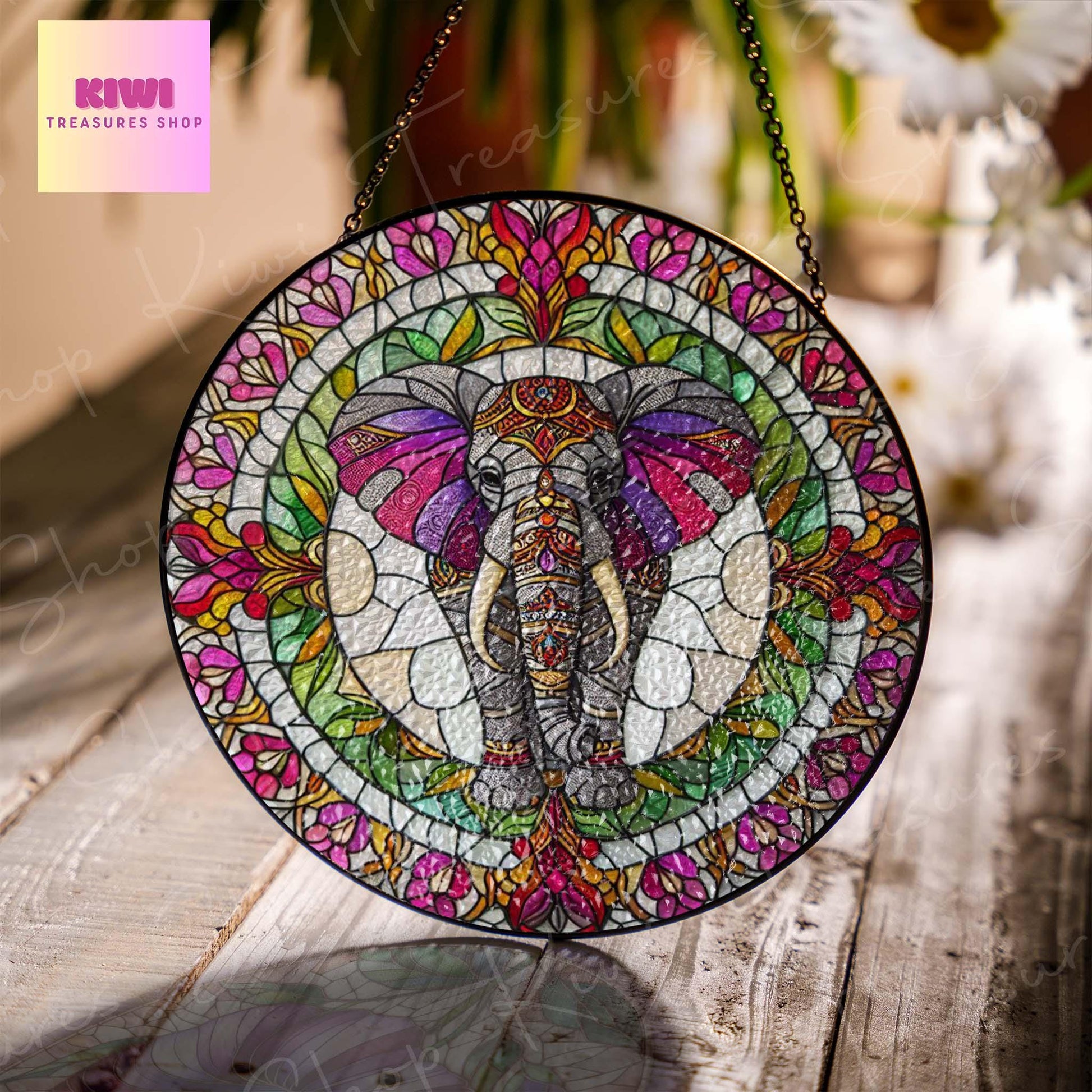 Mandala Elephant GLASS Suncatcher Hanging, Wildlife Elephant, Elephant suncatcher, Elephant window hanging, Mandala art