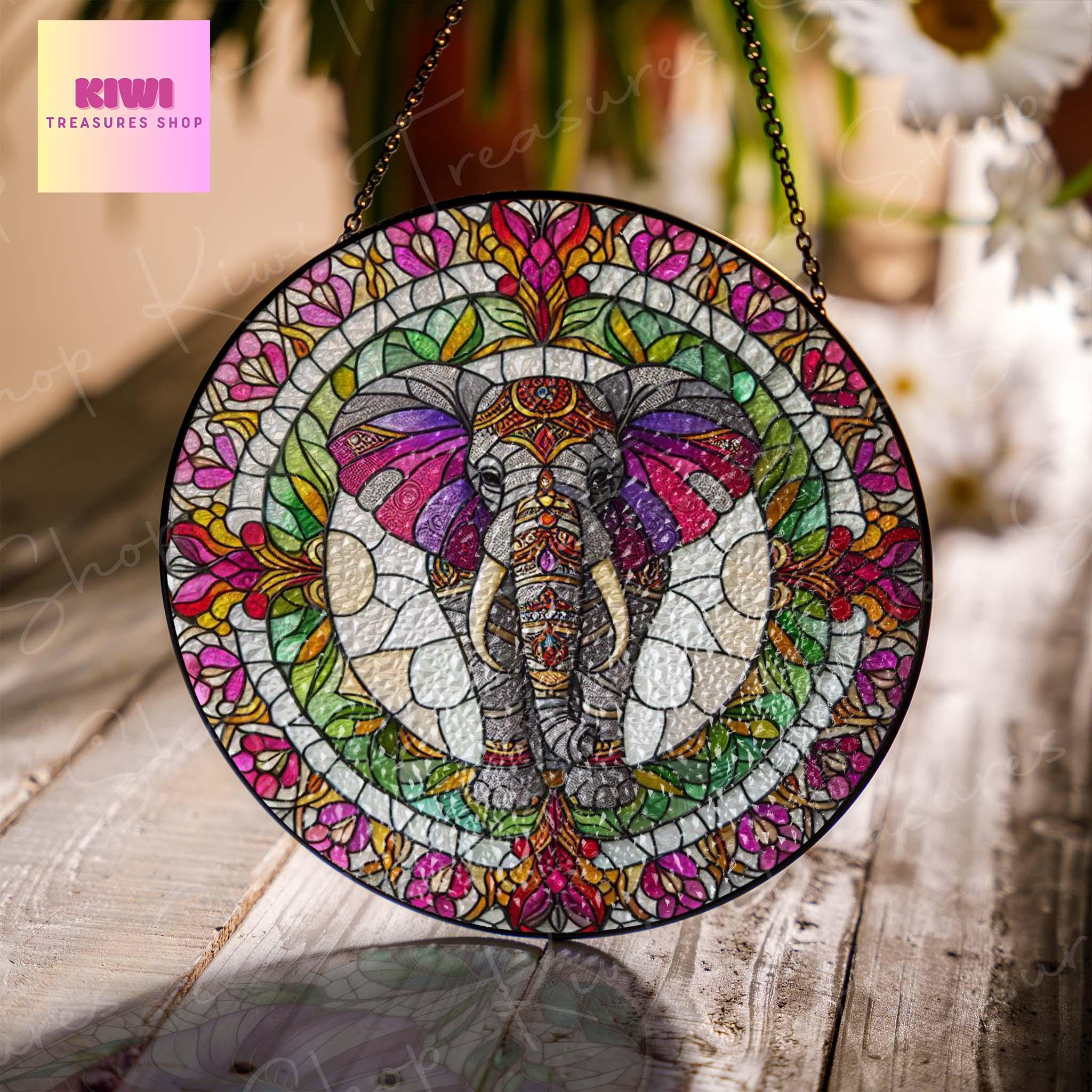 Mandala Elephant GLASS Suncatcher Hanging, Wildlife Elephant, Elephant suncatcher, Elephant window hanging, Mandala art