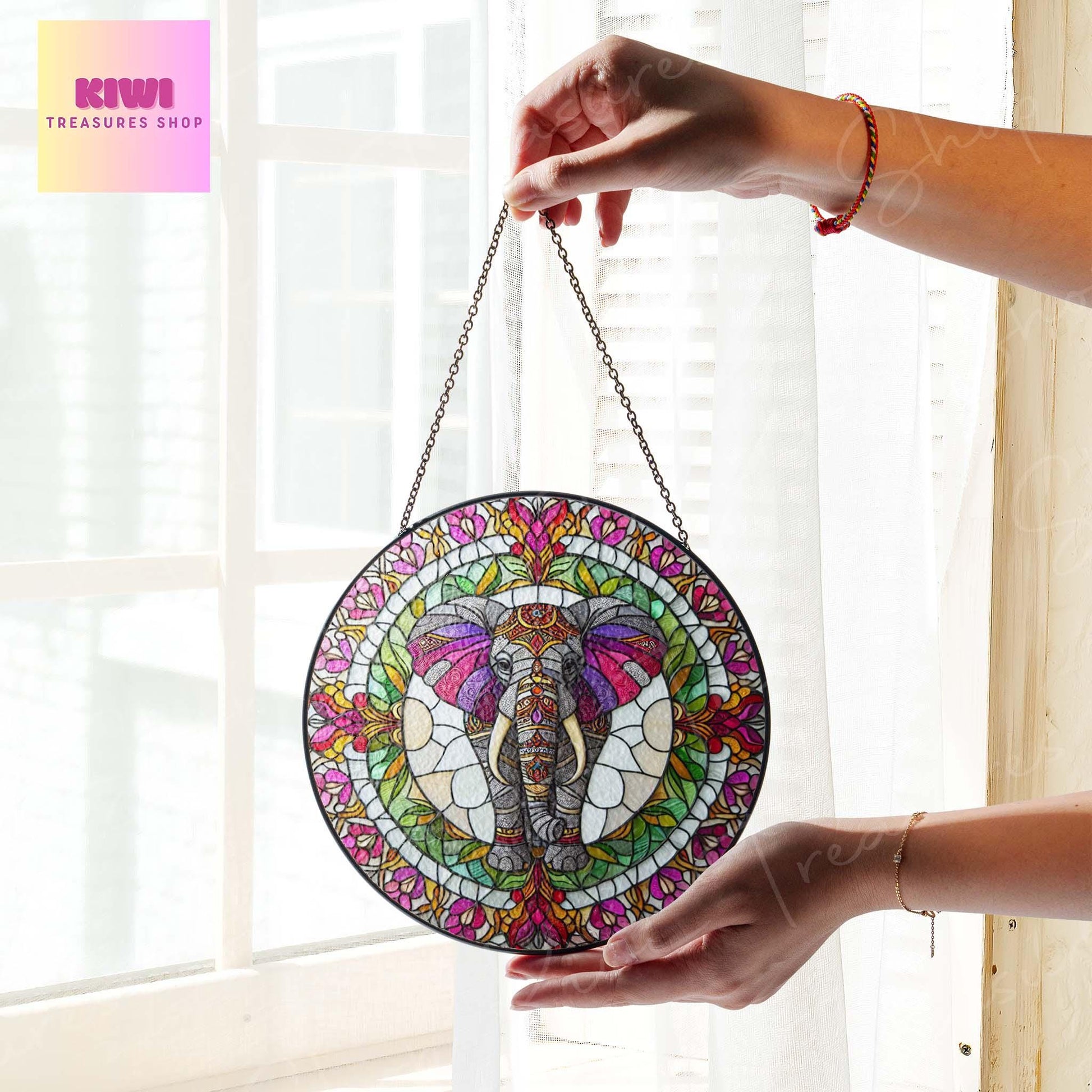 Mandala Elephant GLASS Suncatcher Hanging, Wildlife Elephant, Elephant suncatcher, Elephant window hanging, Mandala art
