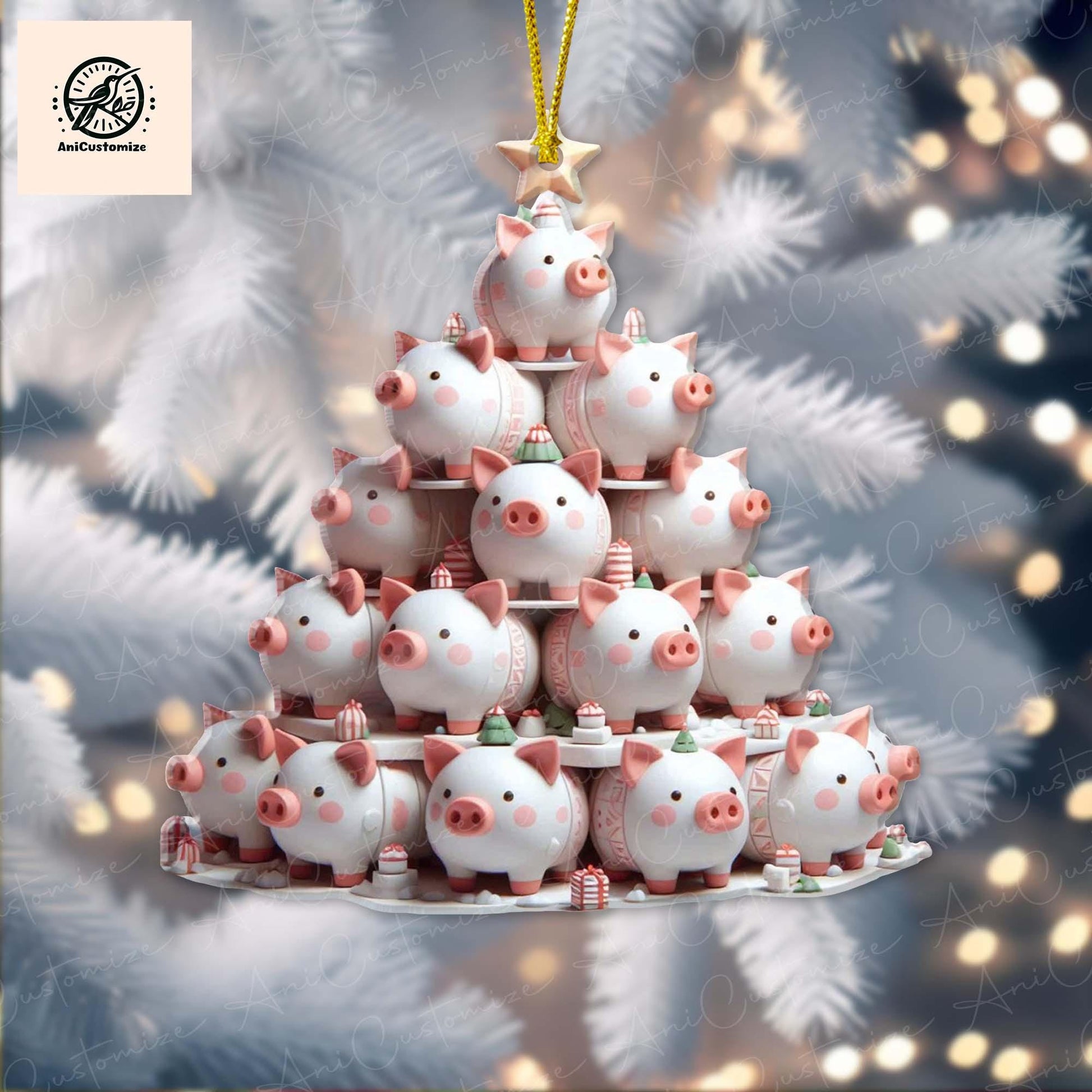 Christmas Pigs Tree Acrylic 2D Flat Ornament, Pig Gift Ornament, Xmas 2024, Pig Lover gift, Farmhouse Decor, Farmers Gift, Pig Xmas Ornament
