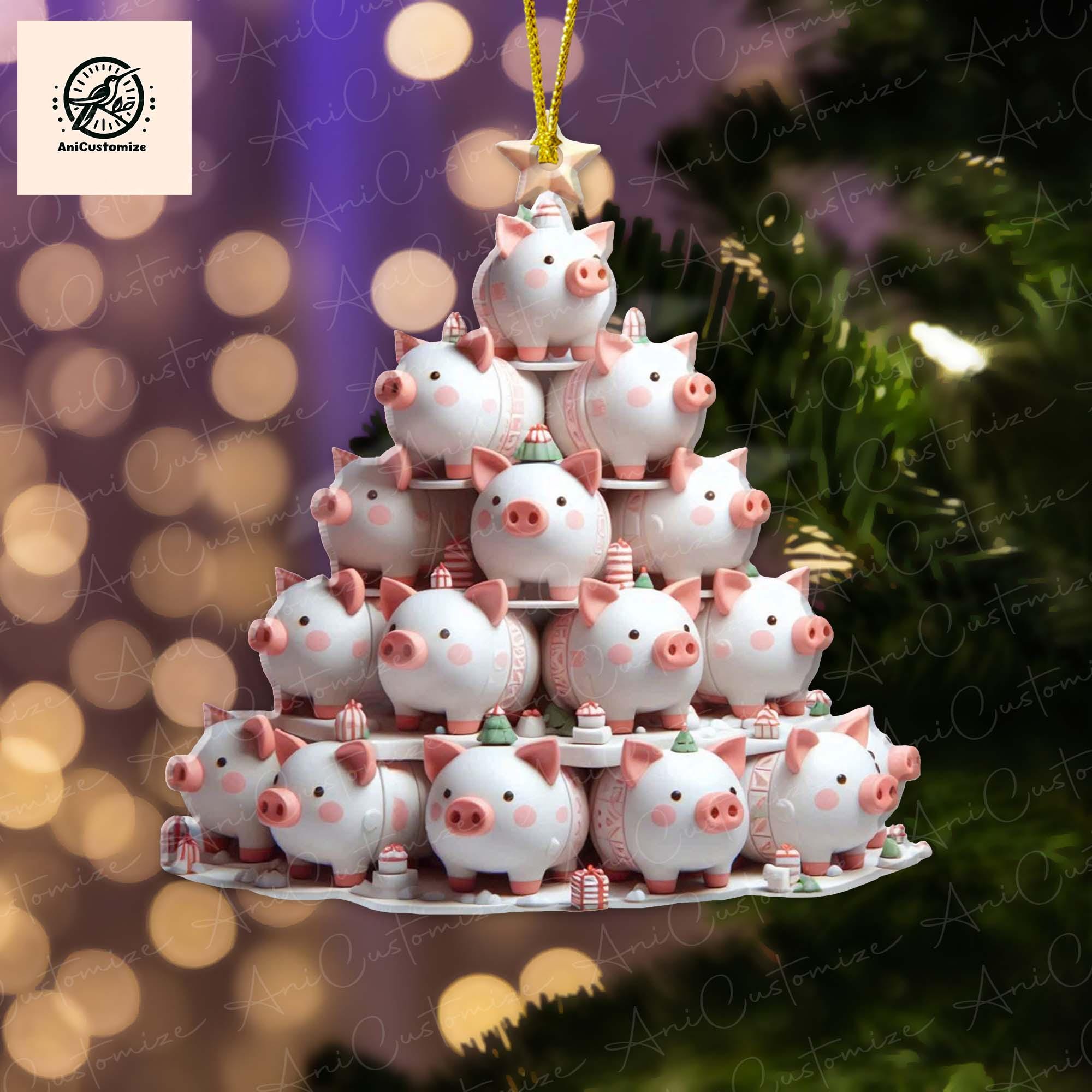 Christmas Pigs Tree Acrylic 2D Flat Ornament, Pig Gift Ornament, Xmas 2024, Pig Lover gift, Farmhouse Decor, Farmers Gift, Pig Xmas Ornament