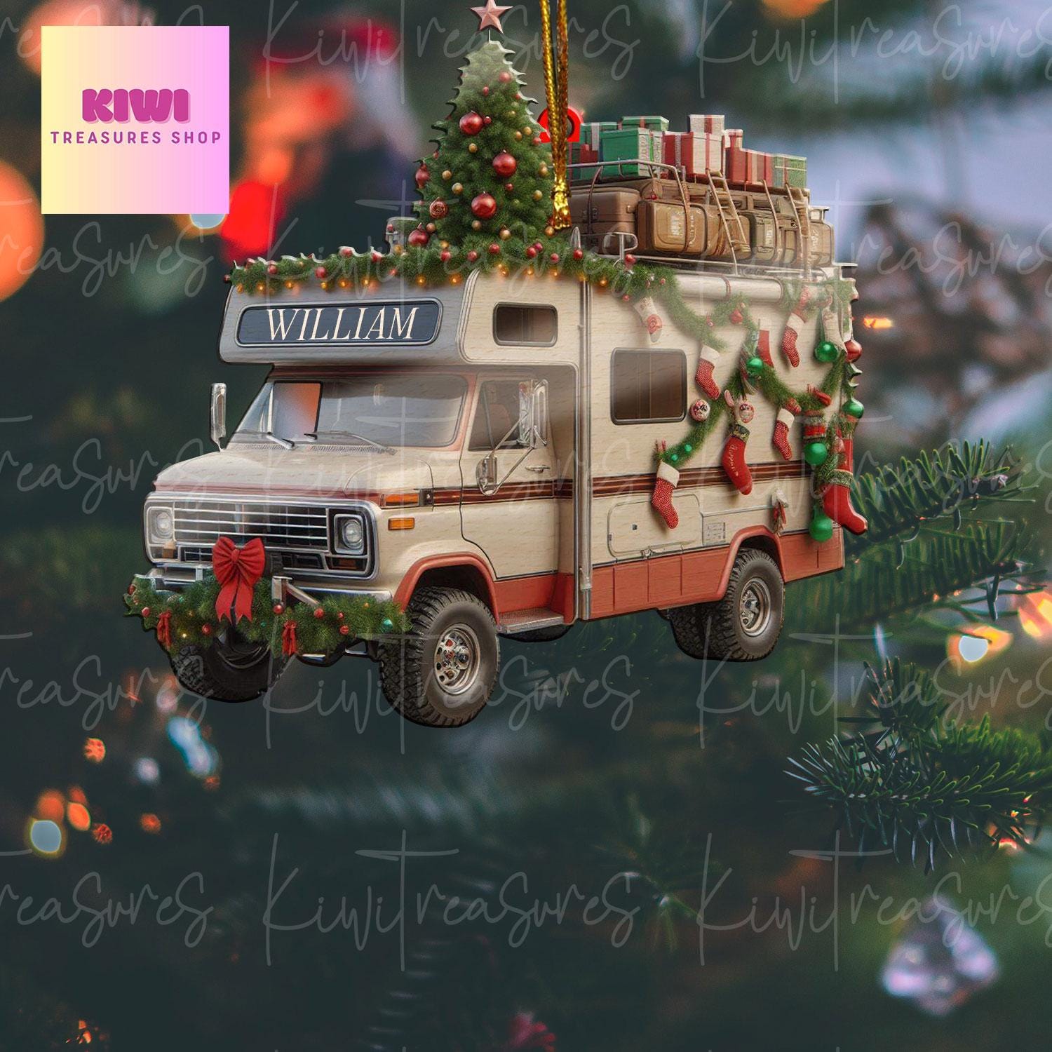 Personalized Camping car Xmas Acrylic Ornament, 2D Flat Ornament, Camper gift, Camping lover gift, Christmas tree hanging, happy camper
