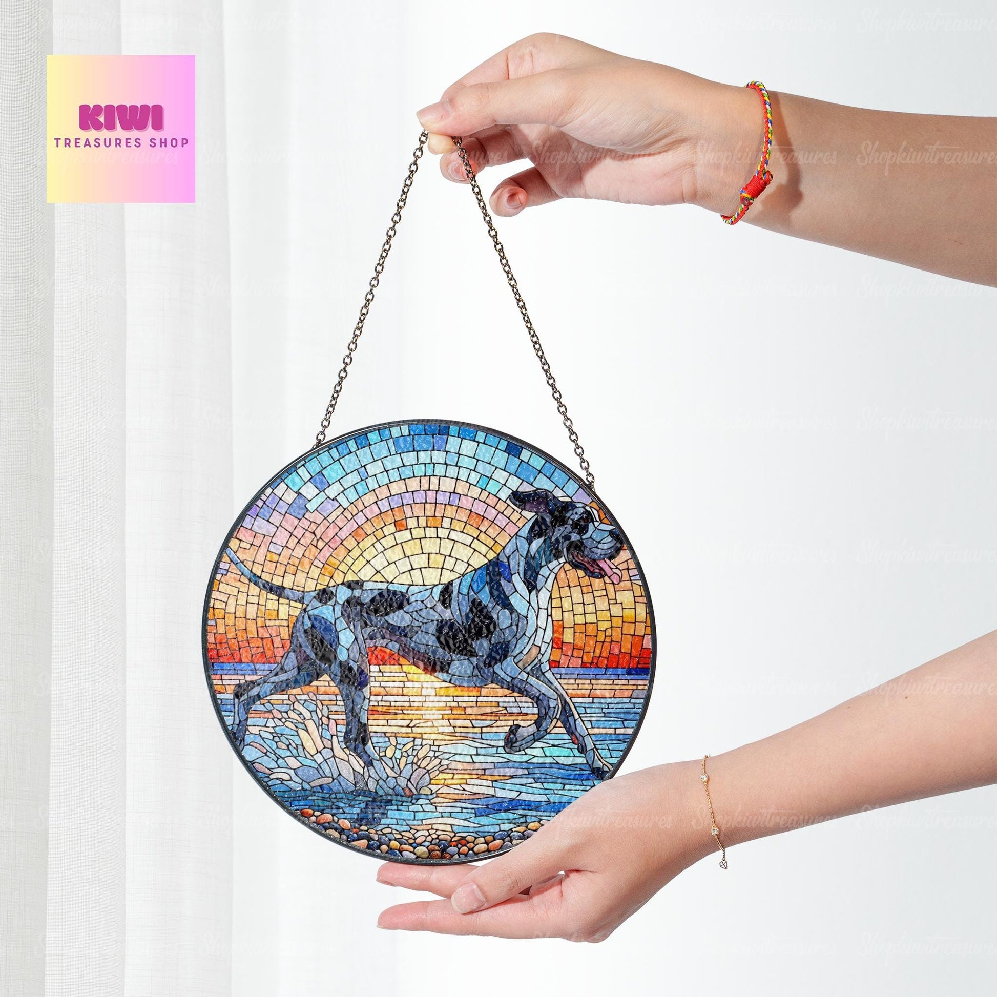 Great Dane running on the beach GLASS Window Hanging, Sunset landscape, Dog mom gift, Dog suncatcher, great dane lover gift