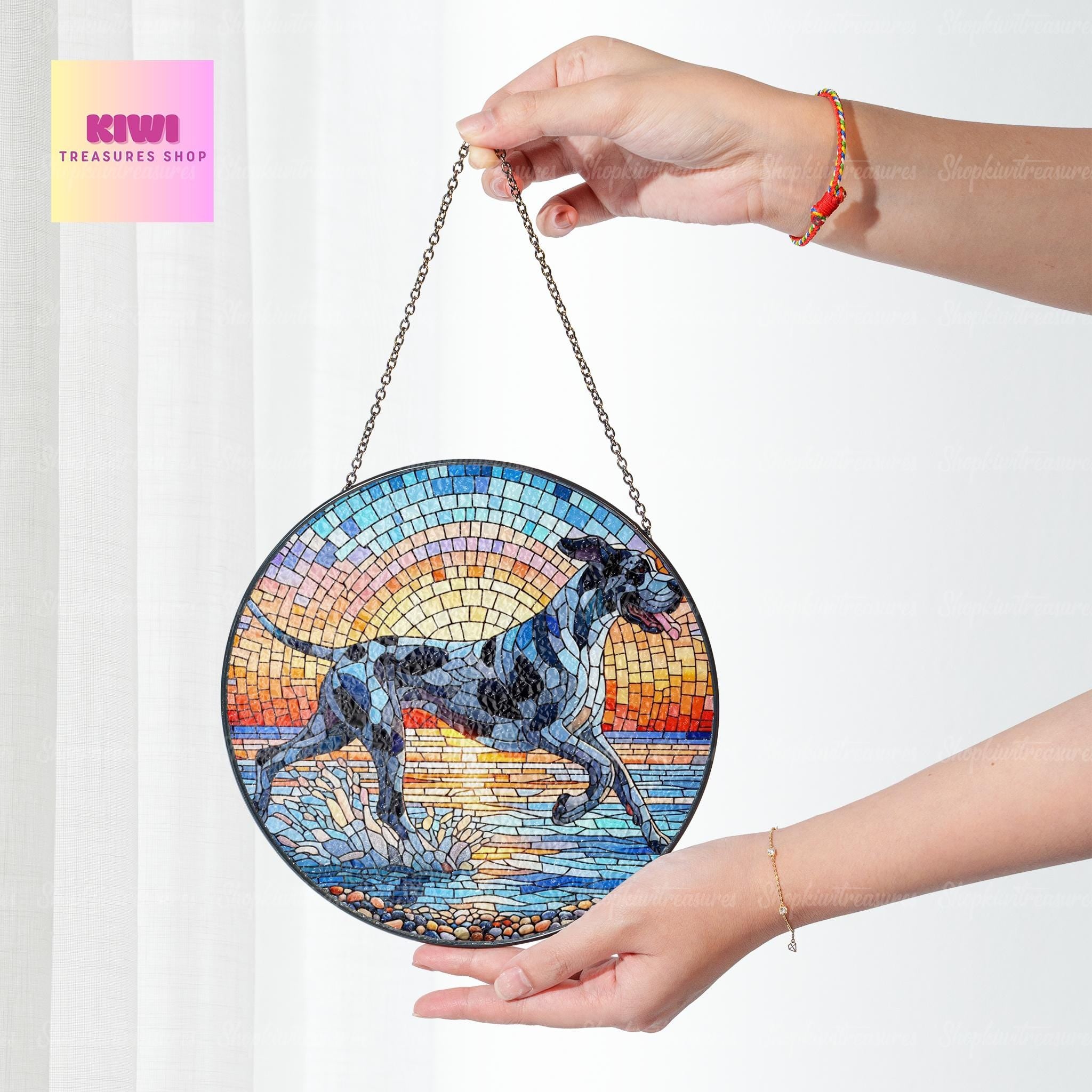Great Dane running on the beach GLASS Window Hanging, Sunset landscape, Dog mom gift, Dog suncatcher, great dane lover gift