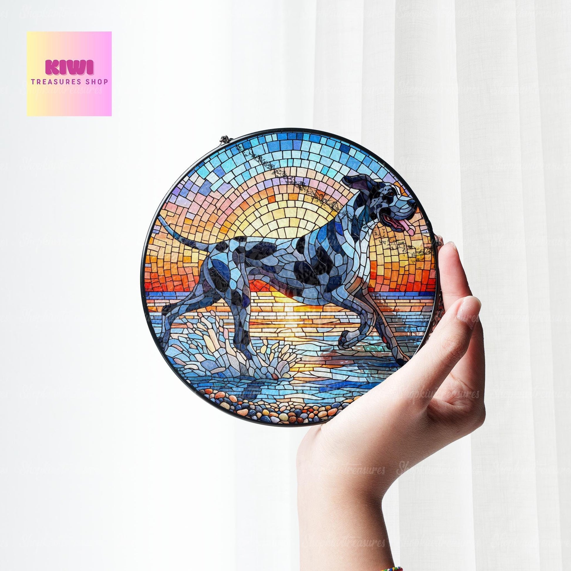 Great Dane running on the beach GLASS Window Hanging, Sunset landscape, Dog mom gift, Dog suncatcher, great dane lover gift