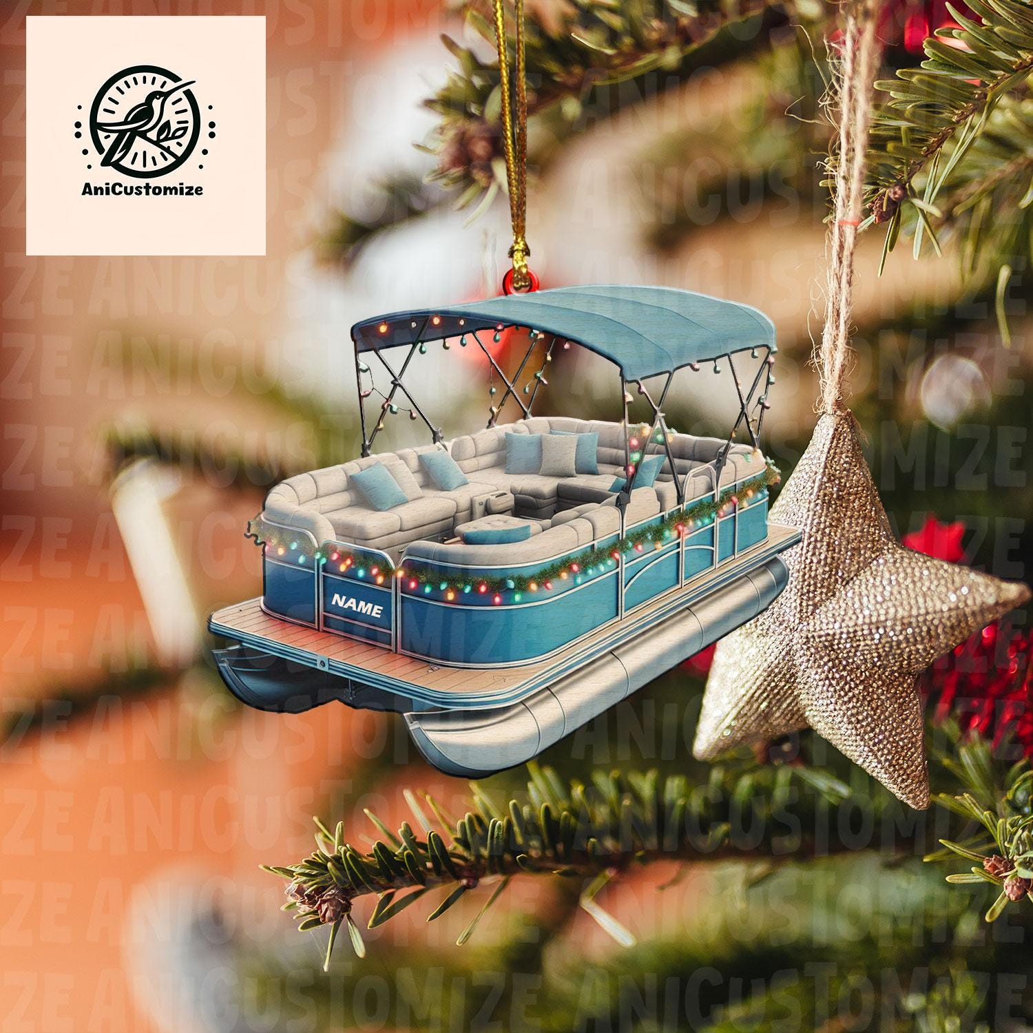 Personalized Pontoon 2D FLAT Ornament, Boat Ornament, Tree Hanging Decor, Christmas Acrylic Flat Ornament For Pontoon Lover, Pontoon Boat