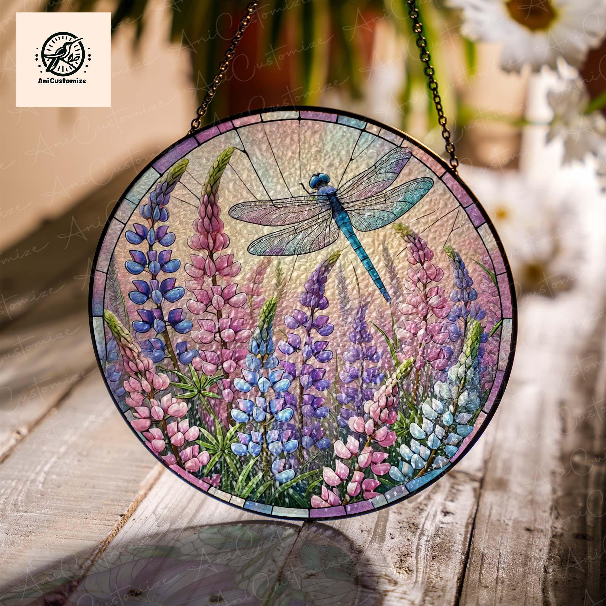Lupine Flower And Dragonfly GLASS Decor, Dragonfly Lover Decor, Lupine Flower Decor, Flower Lover Gift, Gift For Mom, Yard Decor