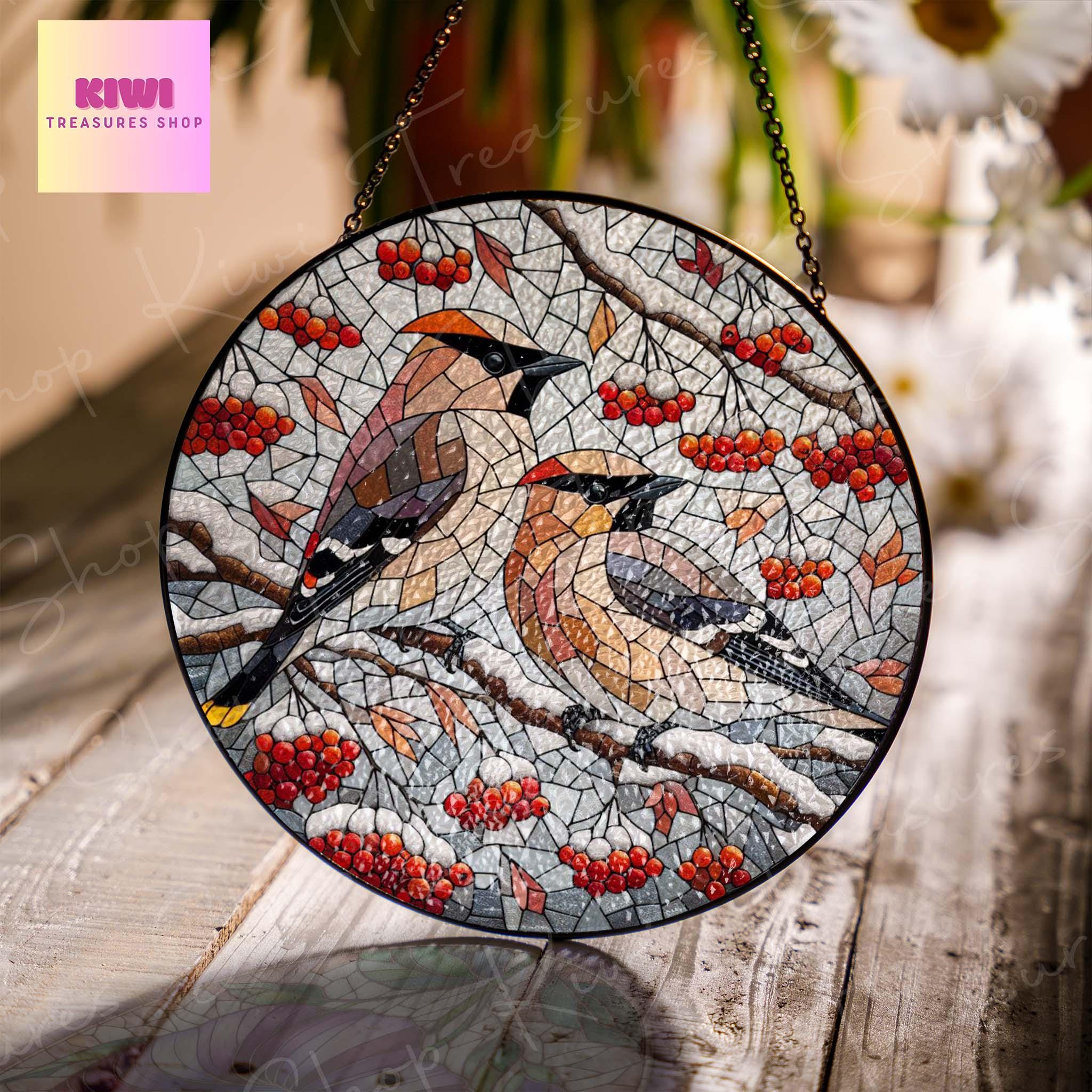 Cedar Waxwing couple on red berries branch GLASS Hanging, Winter landscape, Cedar Waxwing suncatcher, bird watching gift, Christmas gift