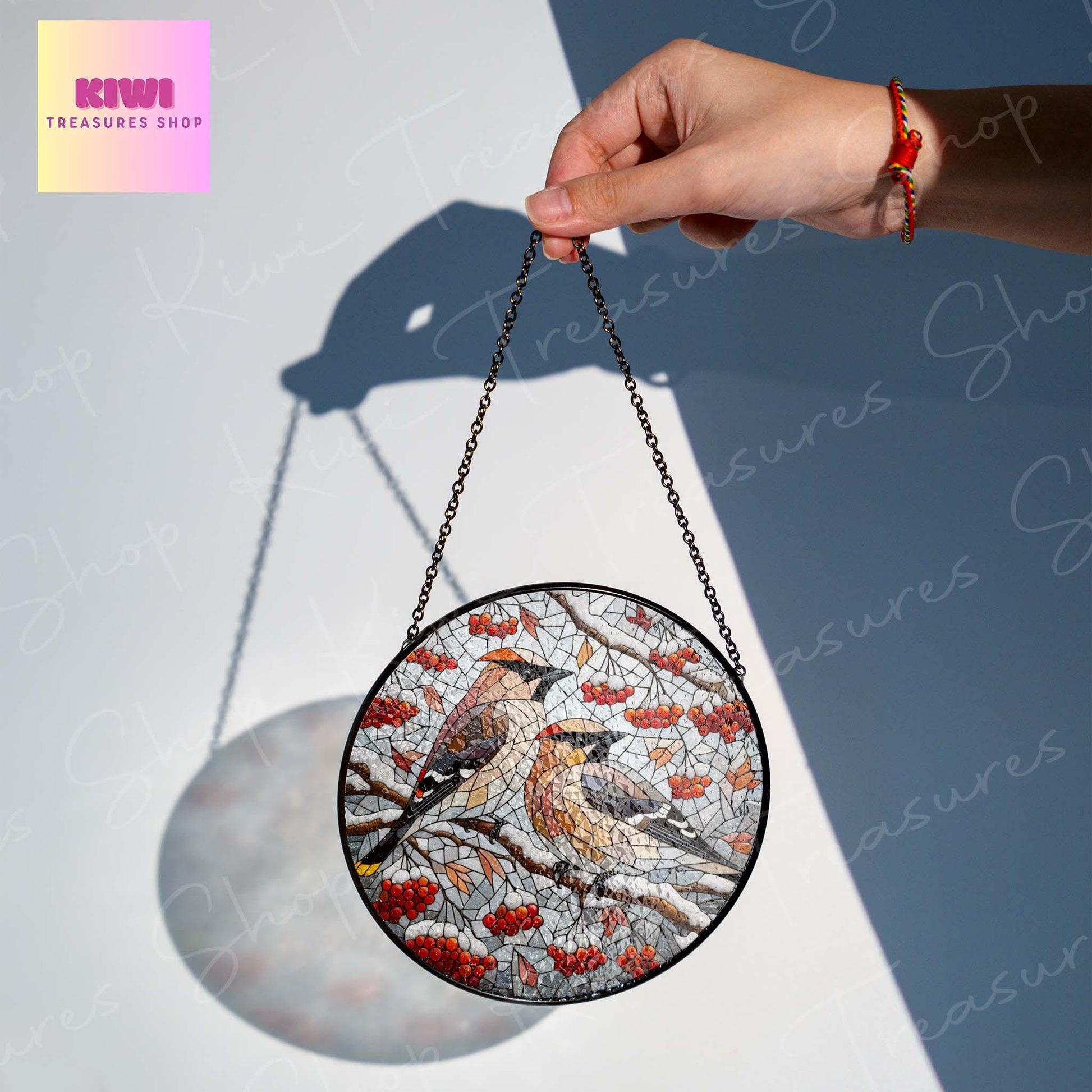 Cedar Waxwing couple on red berries branch GLASS Hanging, Winter landscape, Cedar Waxwing suncatcher, bird watching gift, Christmas gift