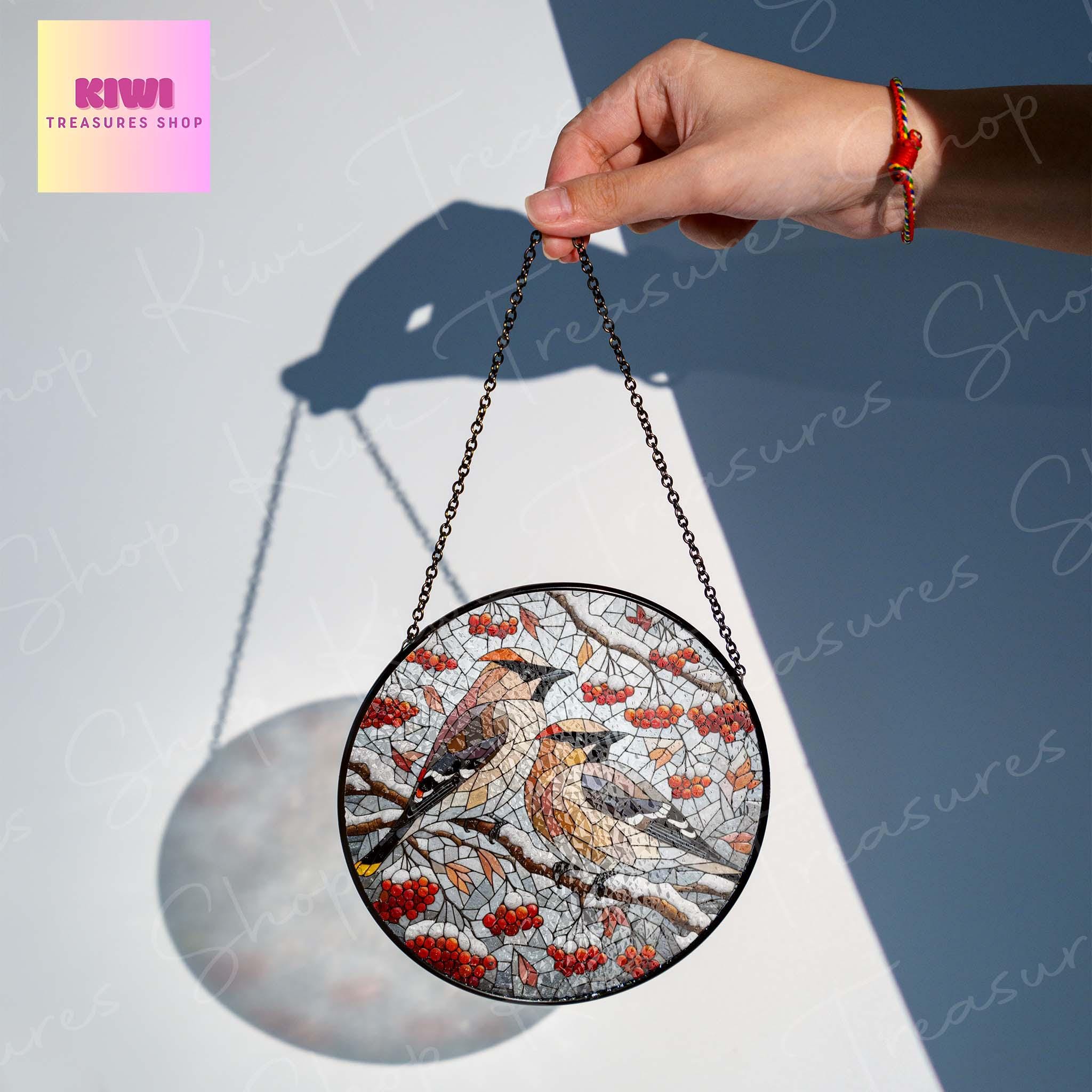 Cedar Waxwing couple on red berries branch GLASS Hanging, Winter landscape, Cedar Waxwing suncatcher, bird watching gift, Christmas gift