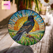 European Starling GLASS Hanging, Sunrise landscape, European suncatcher, bird watching gift, Bird nerd gift, Bird lover gift