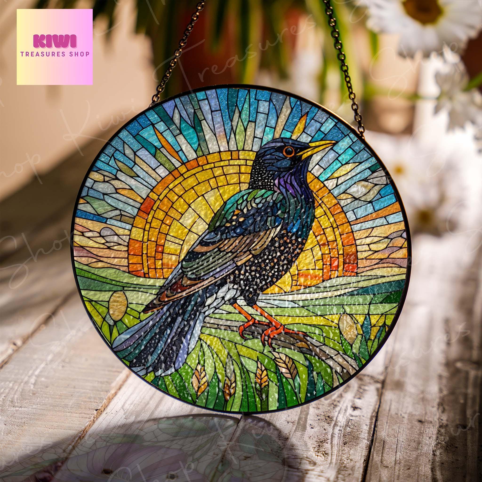 European Starling GLASS Hanging, Sunrise landscape, European suncatcher, bird watching gift, Bird nerd gift, Bird lover gift