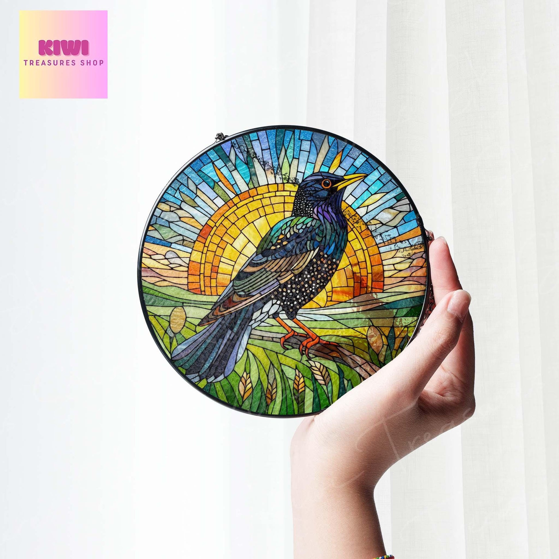 European Starling GLASS Hanging, Sunrise landscape, European suncatcher, bird watching gift, Bird nerd gift, Bird lover gift