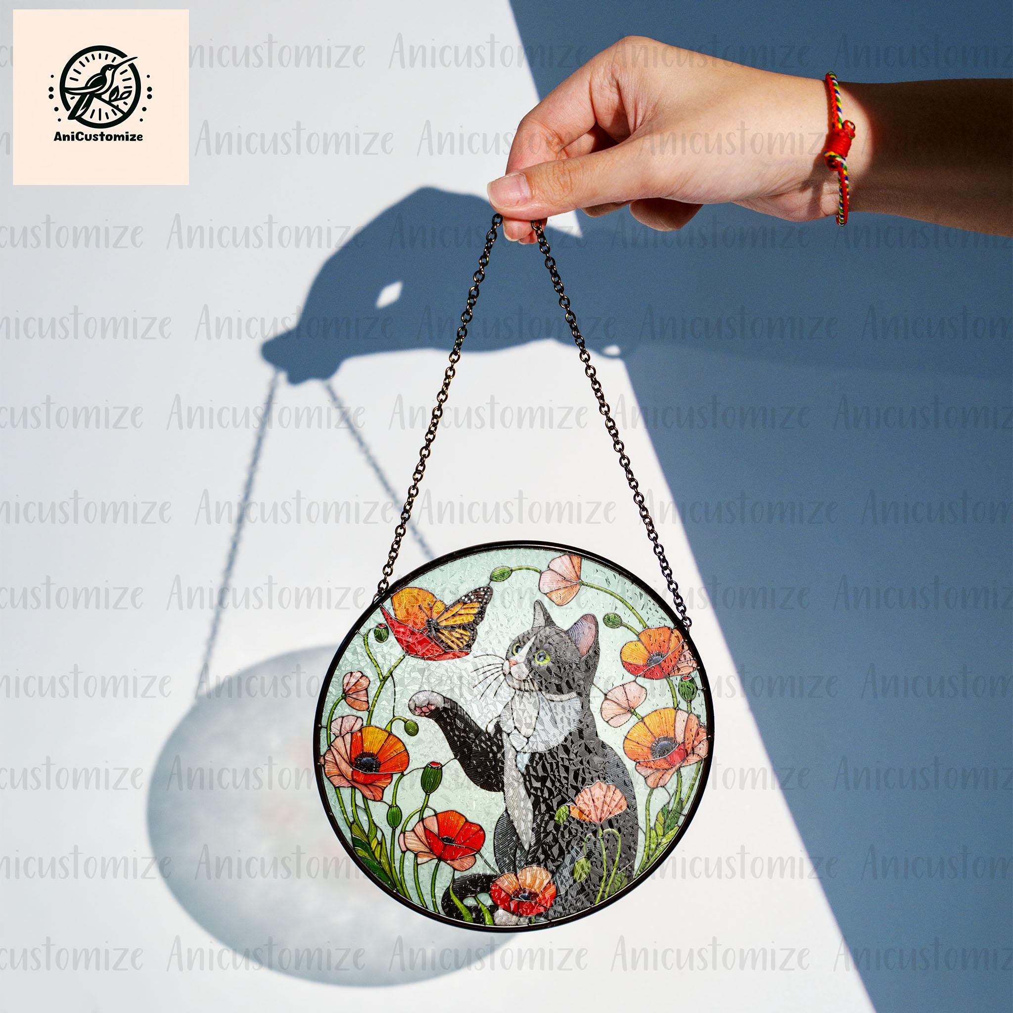 Tuxedo Cat Among Poppy Flower GLASS, Tuxedo Cat Decor, Cat Lover Cat Mom Gift, Cat Window Decor, Cat Memorial Gift