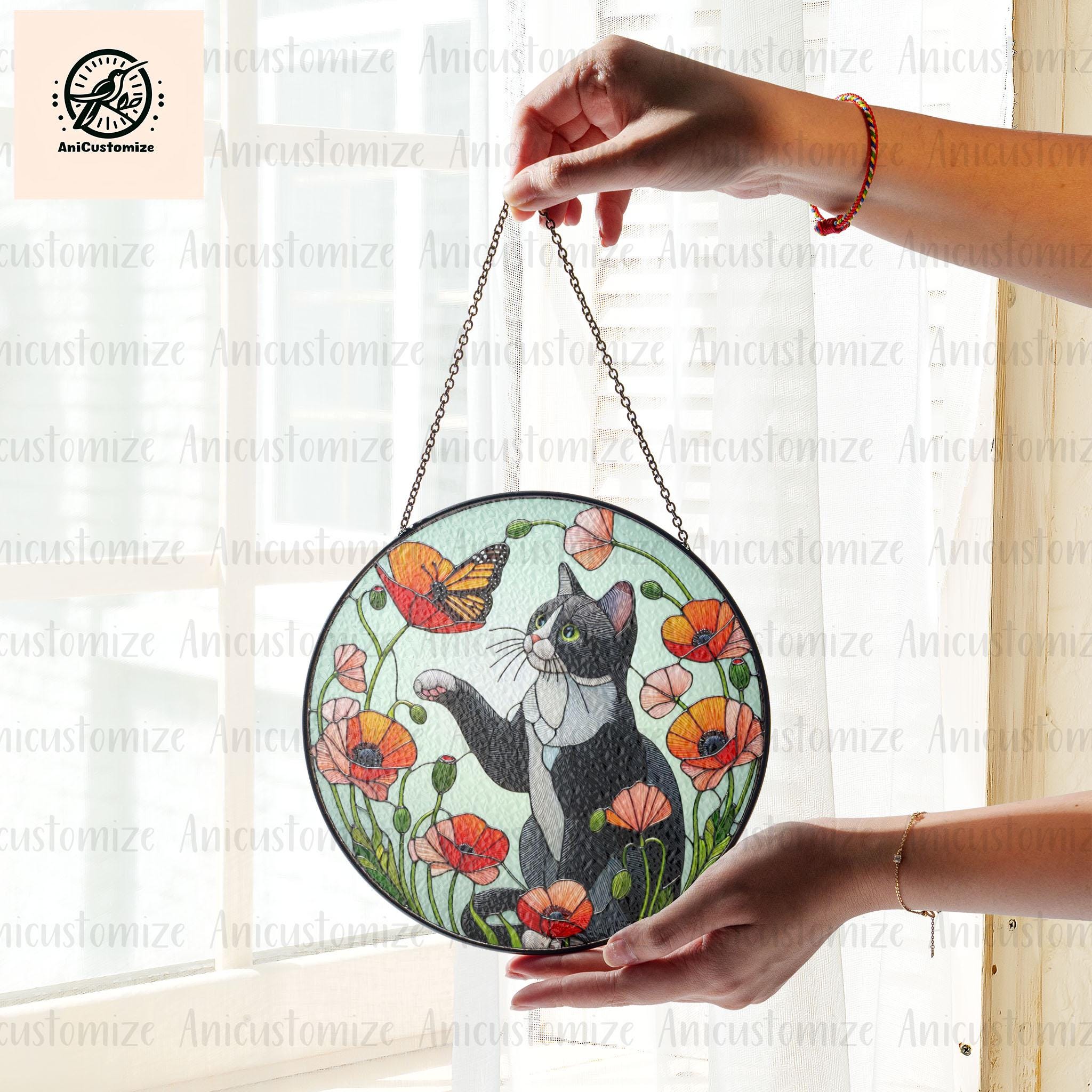 Tuxedo Cat Among Poppy Flower GLASS, Tuxedo Cat Decor, Cat Lover Cat Mom Gift, Cat Window Decor, Cat Memorial Gift