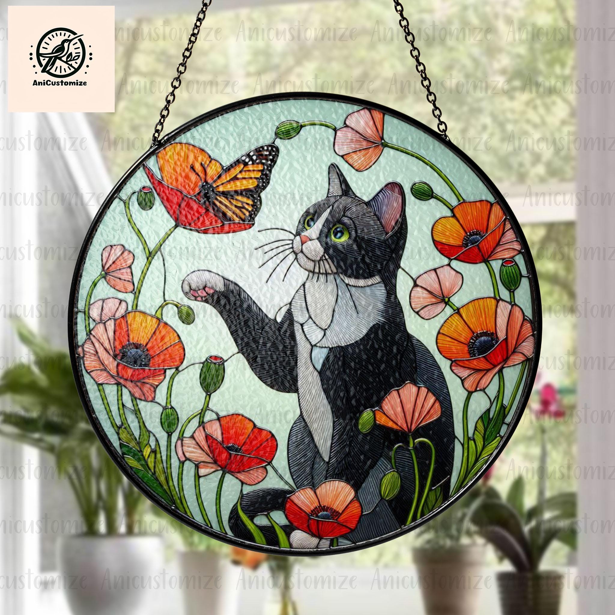 Tuxedo Cat Among Poppy Flower GLASS, Tuxedo Cat Decor, Cat Lover Cat Mom Gift, Cat Window Decor, Cat Memorial Gift
