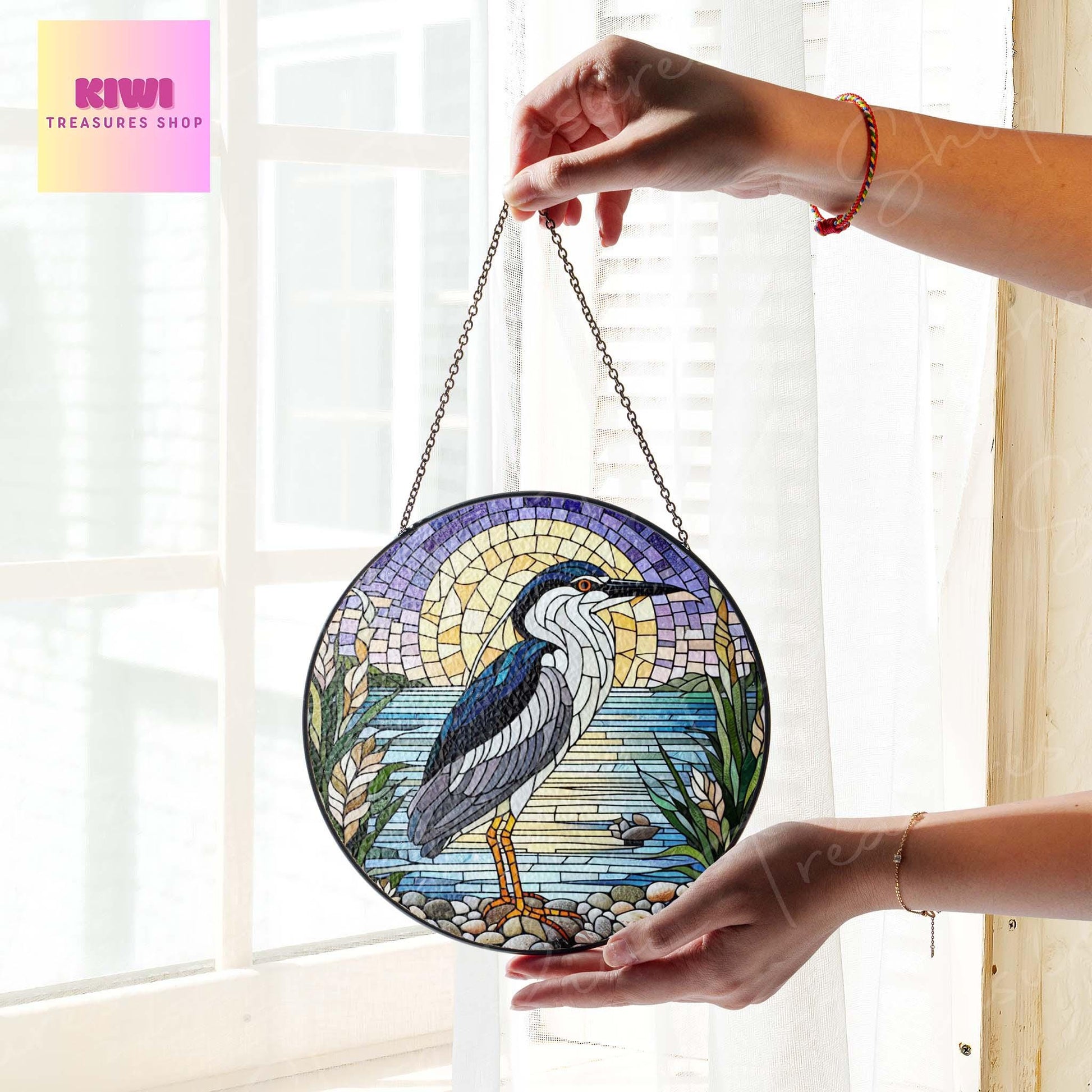 Black- Crowned Night- Heron GLASS Suncatcher Hanging, Heron Window hanging, Heron window hanging, Heron Lover gift