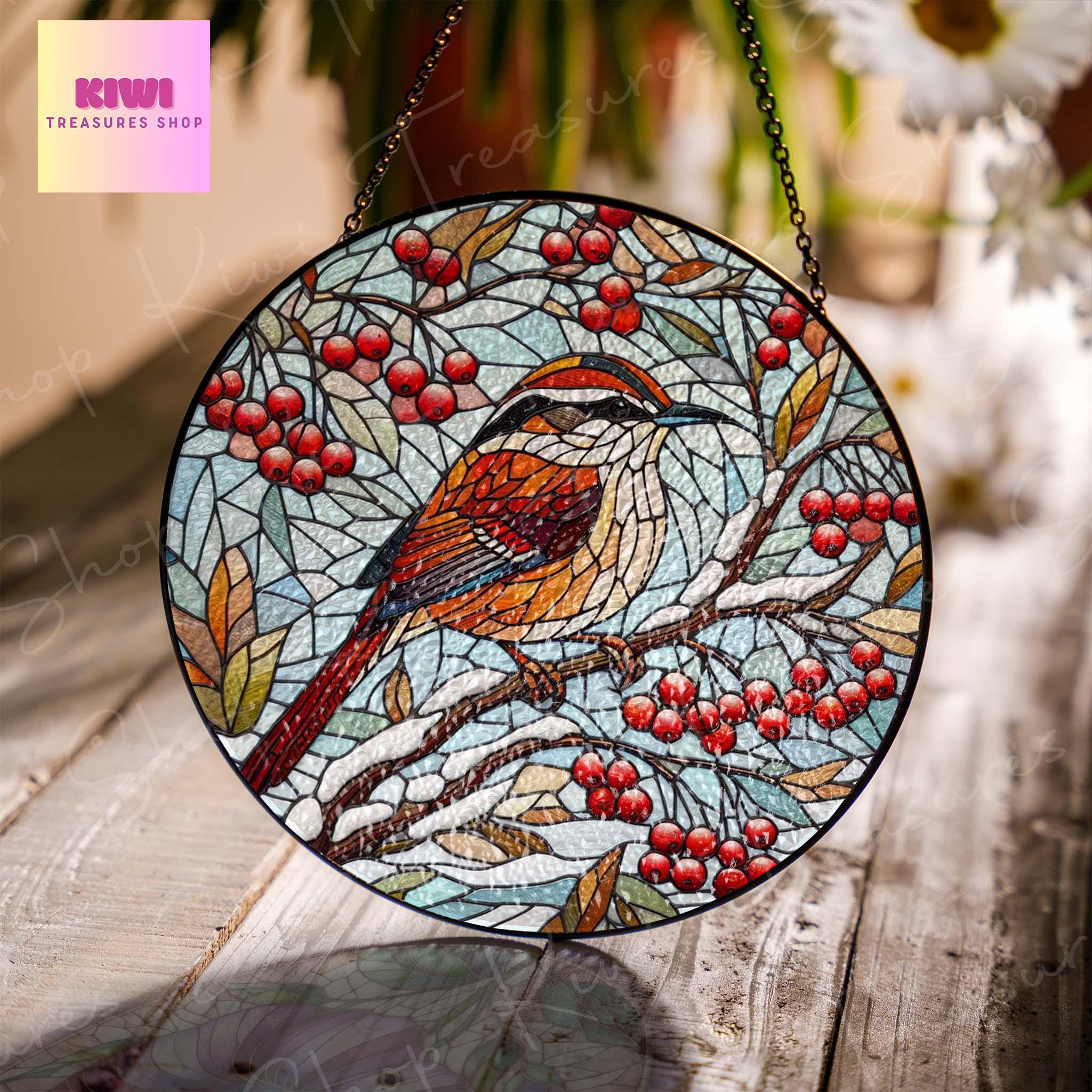 Carolina Wren on Red berries branch GLASS Hanging, Winter landscape, Carolina Wren suncatcher, bird watching gift, Christmas gift