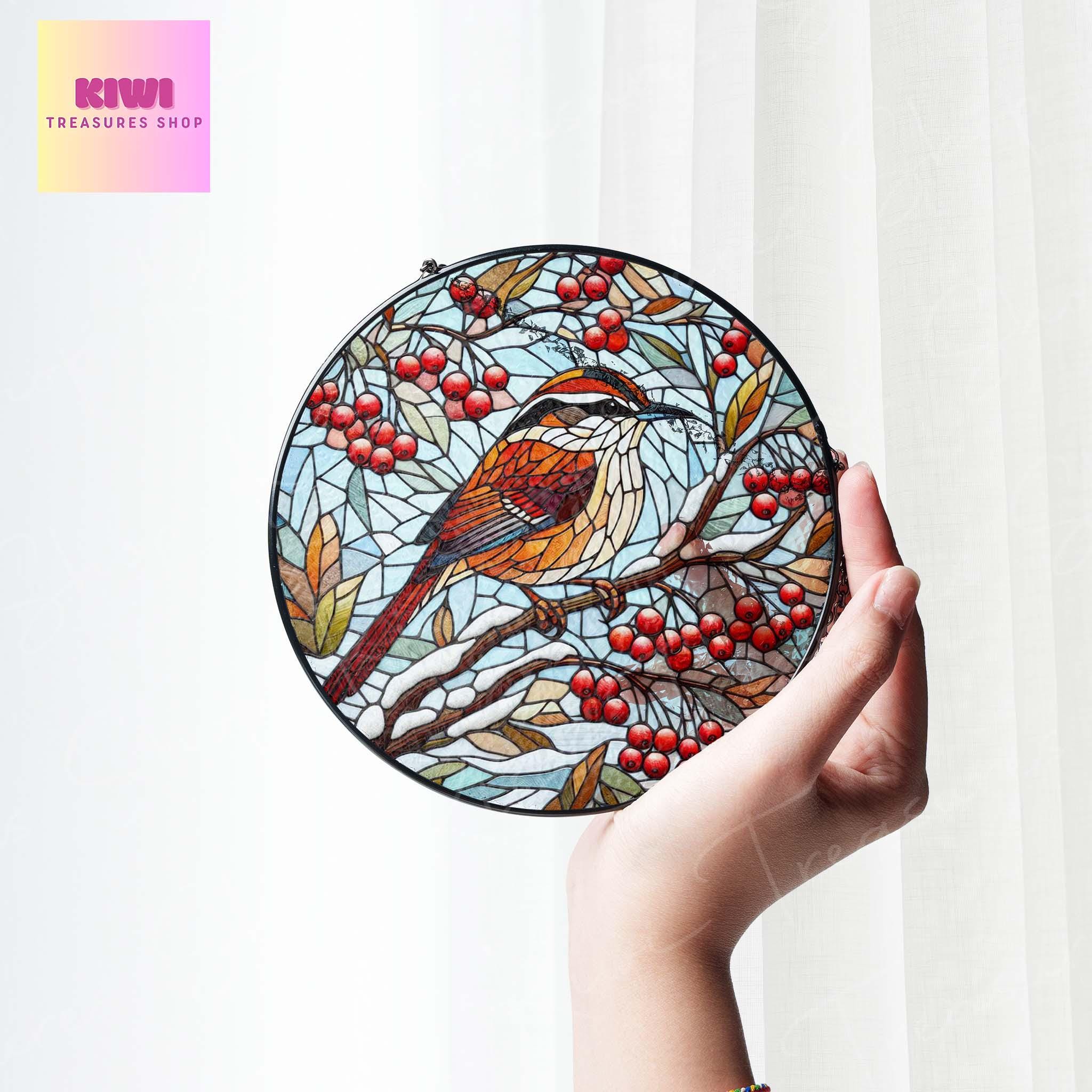 Carolina Wren on Red berries branch GLASS Hanging, Winter landscape, Carolina Wren suncatcher, bird watching gift, Christmas gift