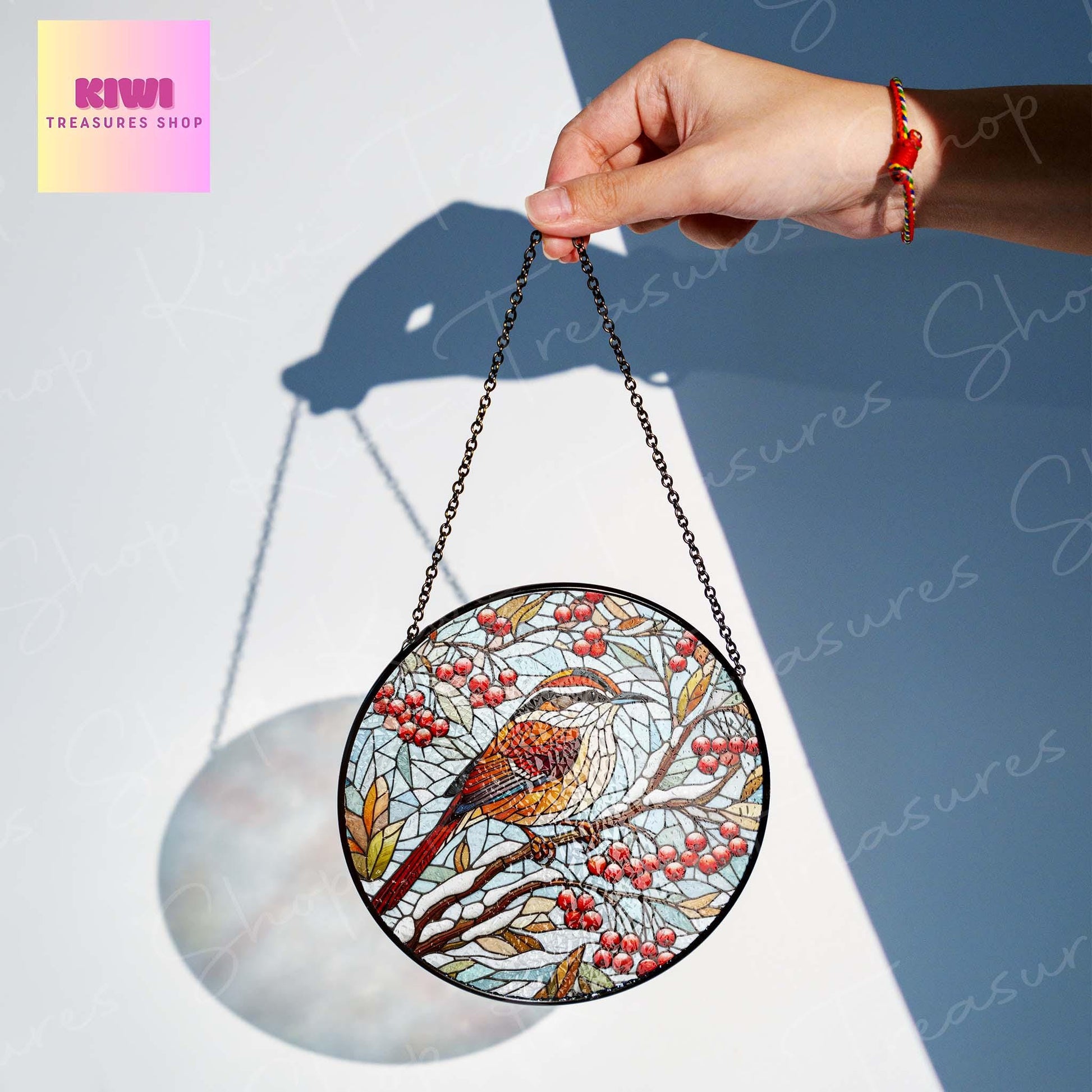 Carolina Wren on Red berries branch GLASS Hanging, Winter landscape, Carolina Wren suncatcher, bird watching gift, Christmas gift