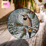 Northern Flicker on Pine tree branch GLASS Hanging, Winter landscape, Northern Flicker suncatcher, bird watching gift, Christmas gift