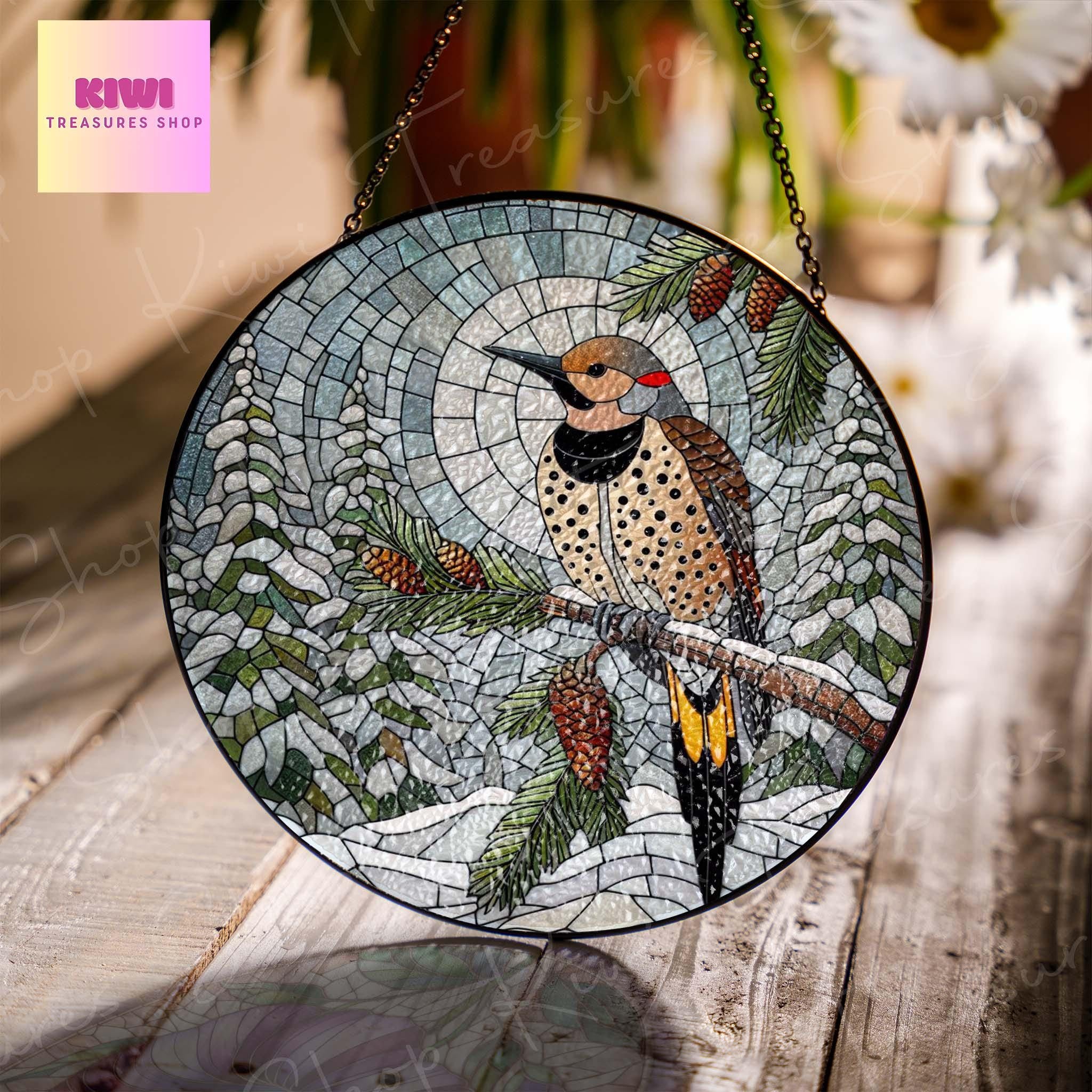 Northern Flicker on Pine tree branch GLASS Hanging, Winter landscape, Northern Flicker suncatcher, bird watching gift, Christmas gift