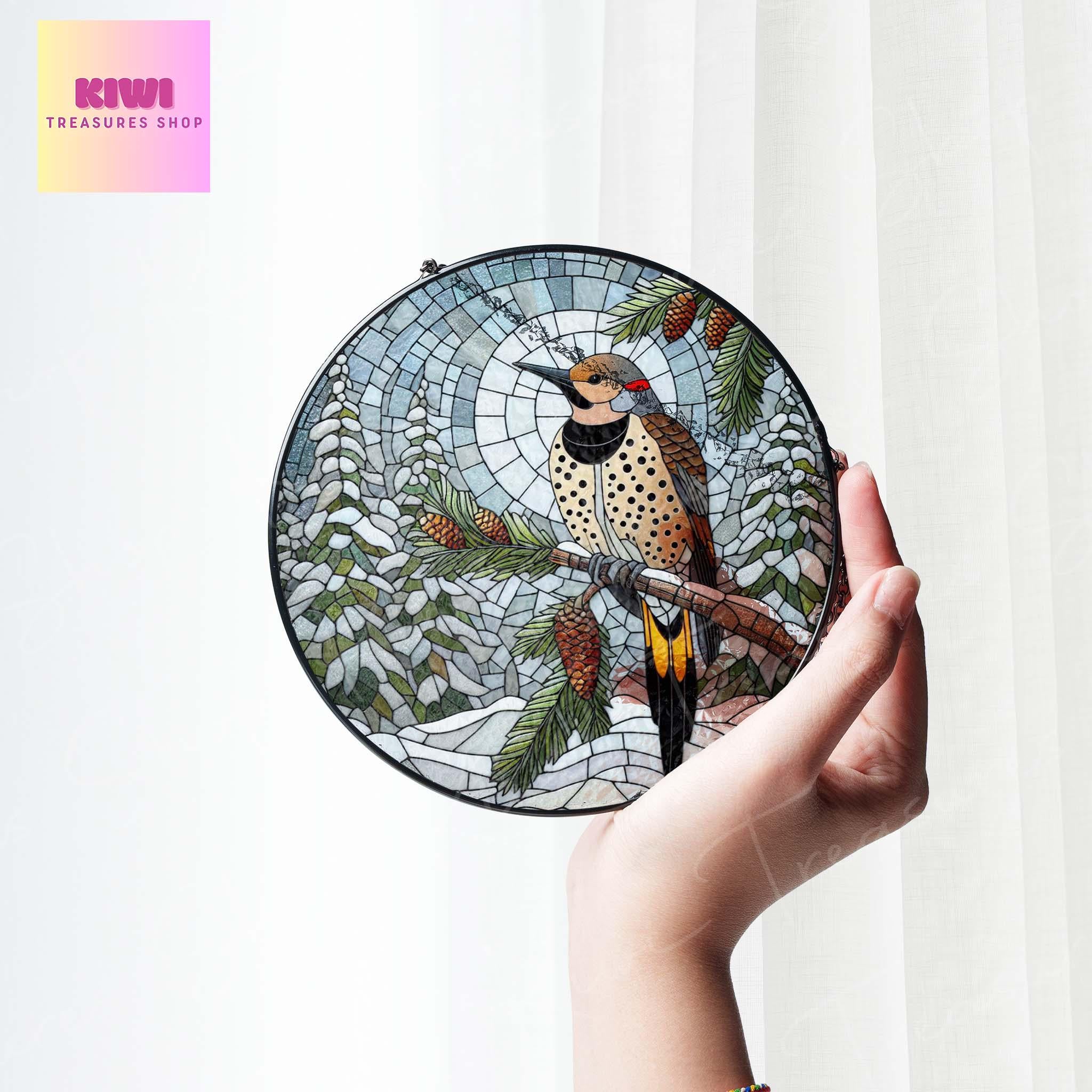 Northern Flicker on Pine tree branch GLASS Hanging, Winter landscape, Northern Flicker suncatcher, bird watching gift, Christmas gift