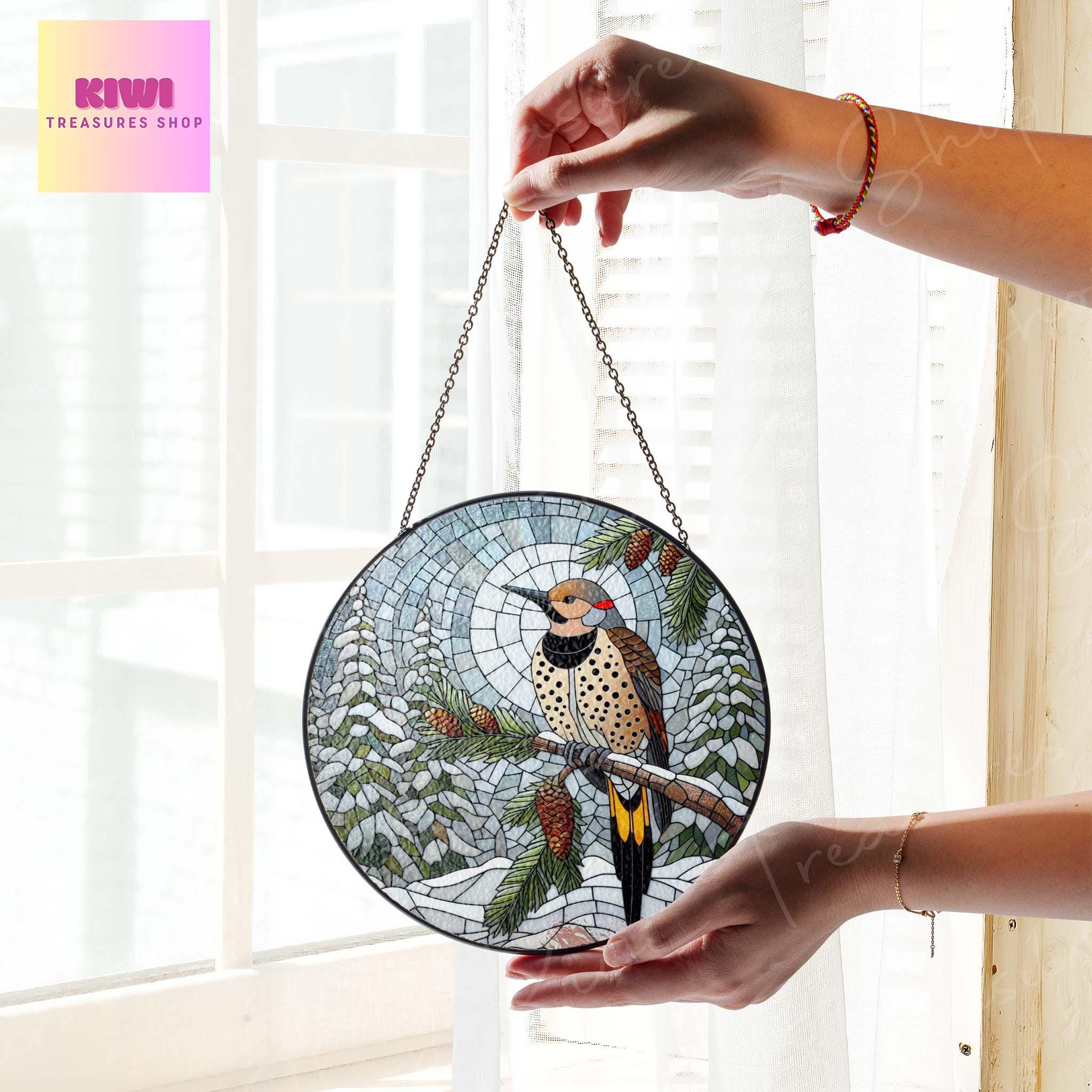 Northern Flicker on Pine tree branch GLASS Hanging, Winter landscape, Northern Flicker suncatcher, bird watching gift, Christmas gift