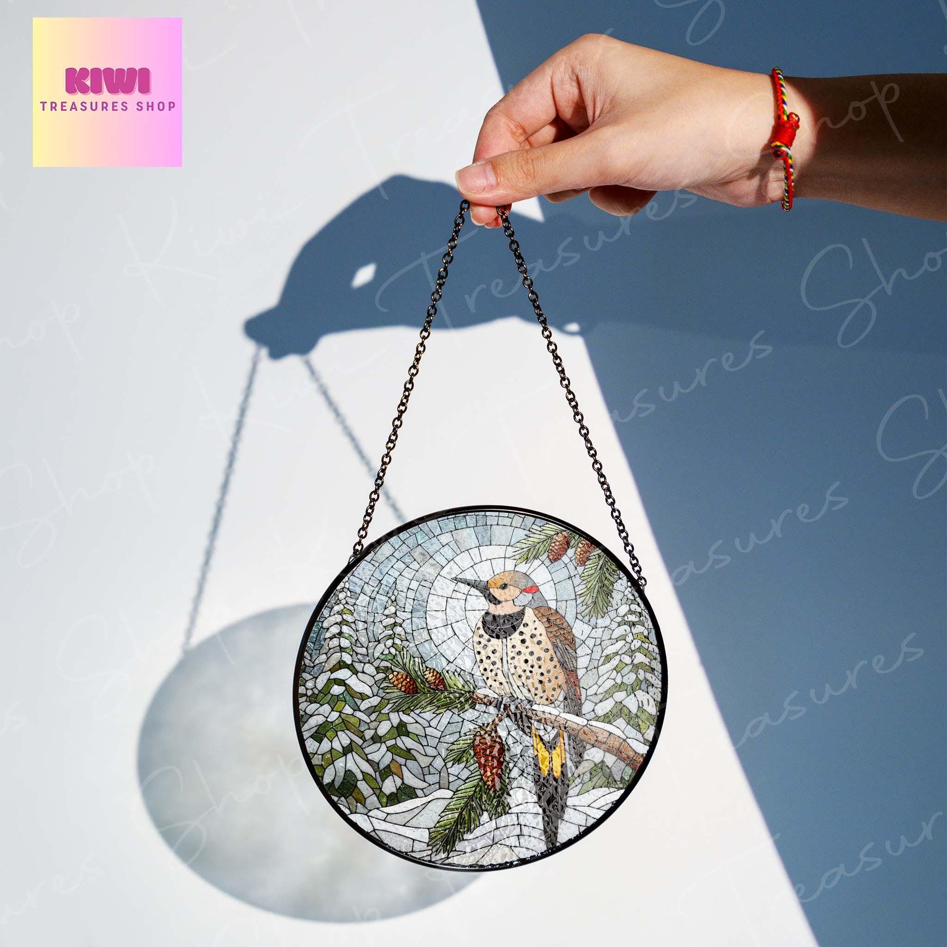 Northern Flicker on Pine tree branch GLASS Hanging, Winter landscape, Northern Flicker suncatcher, bird watching gift, Christmas gift