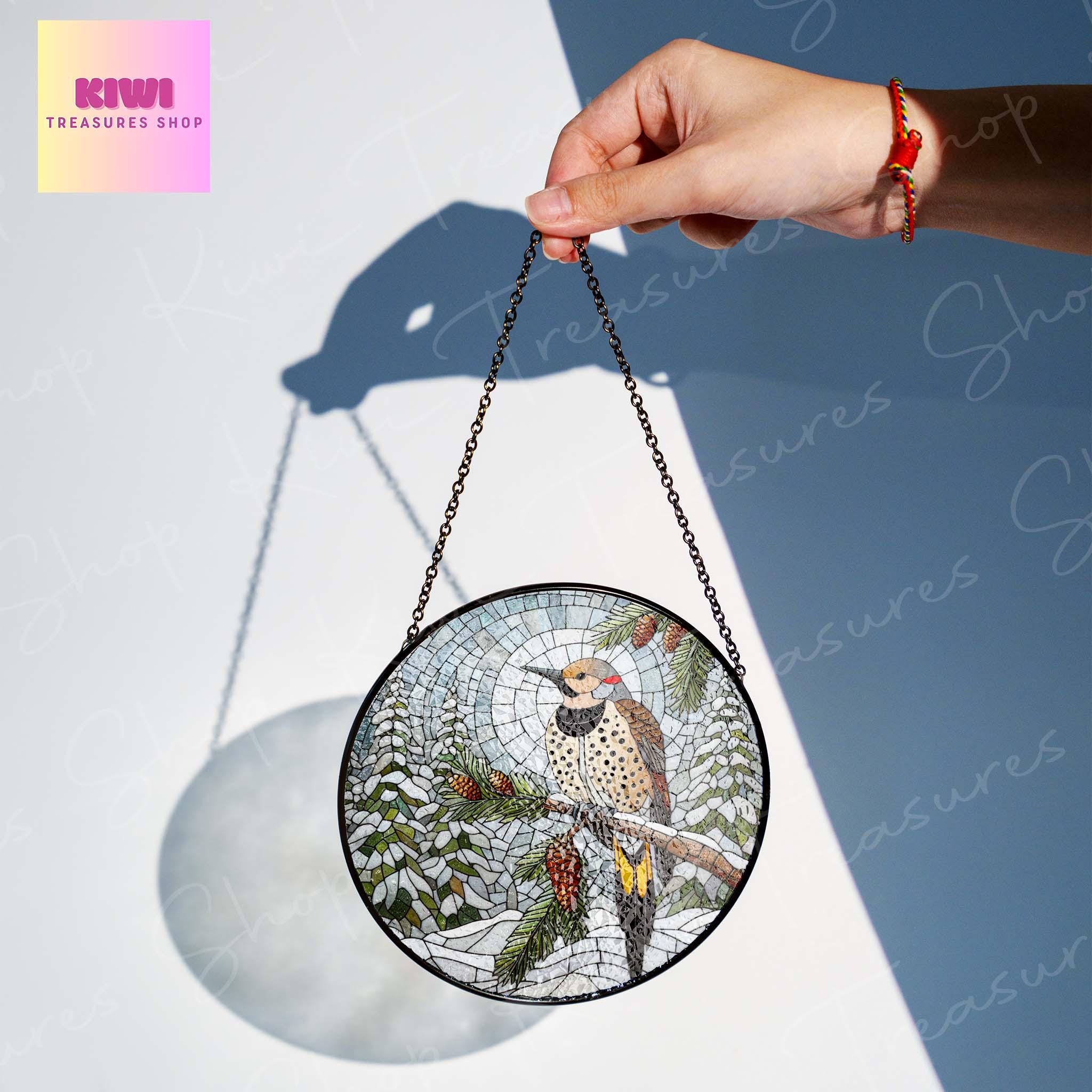 Northern Flicker on Pine tree branch GLASS Hanging, Winter landscape, Northern Flicker suncatcher, bird watching gift, Christmas gift