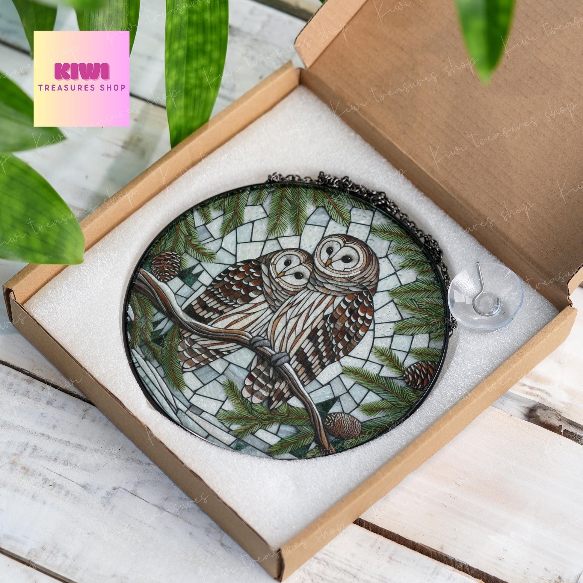 Barred Owl on Pine tree branch GLASS Hanging, Winter landscape, barred owl suncatcher, bird watching gift, Christmas gift, owl lover