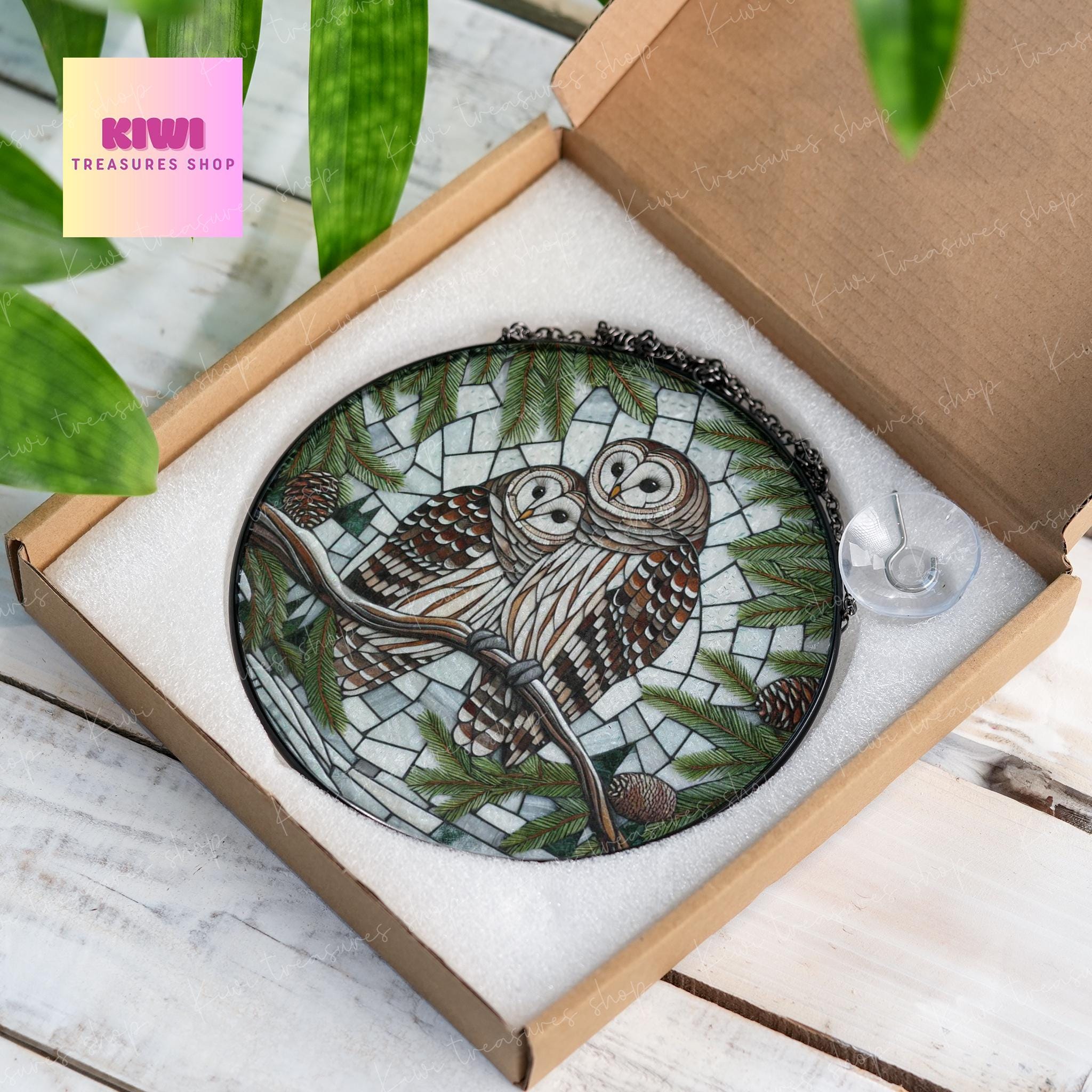 Barred Owl on Pine tree branch GLASS Hanging, Winter landscape, barred owl suncatcher, bird watching gift, Christmas gift, owl lover