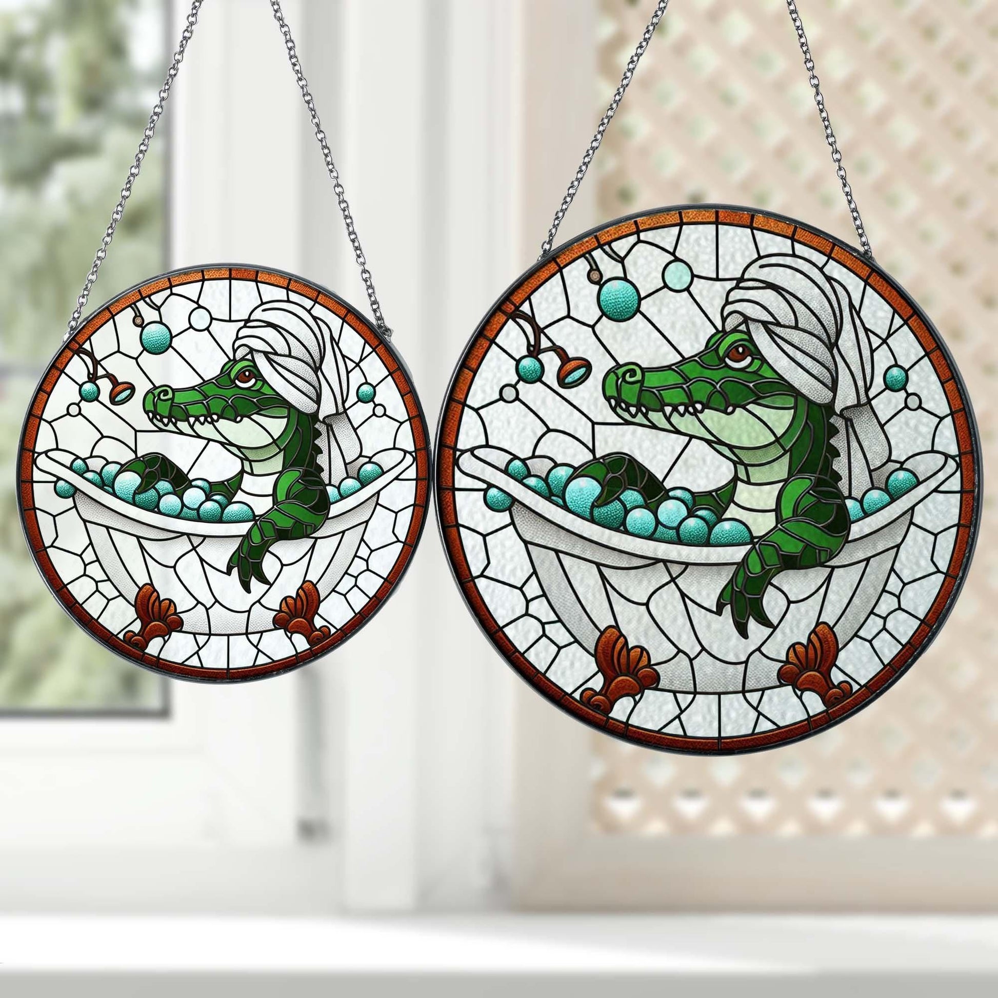 Gator in bath tub GLASS Suncatcher Hanging, Funny Alligator, Alligator glass ornament, Bathroom decor, Funny Bathroom decor,