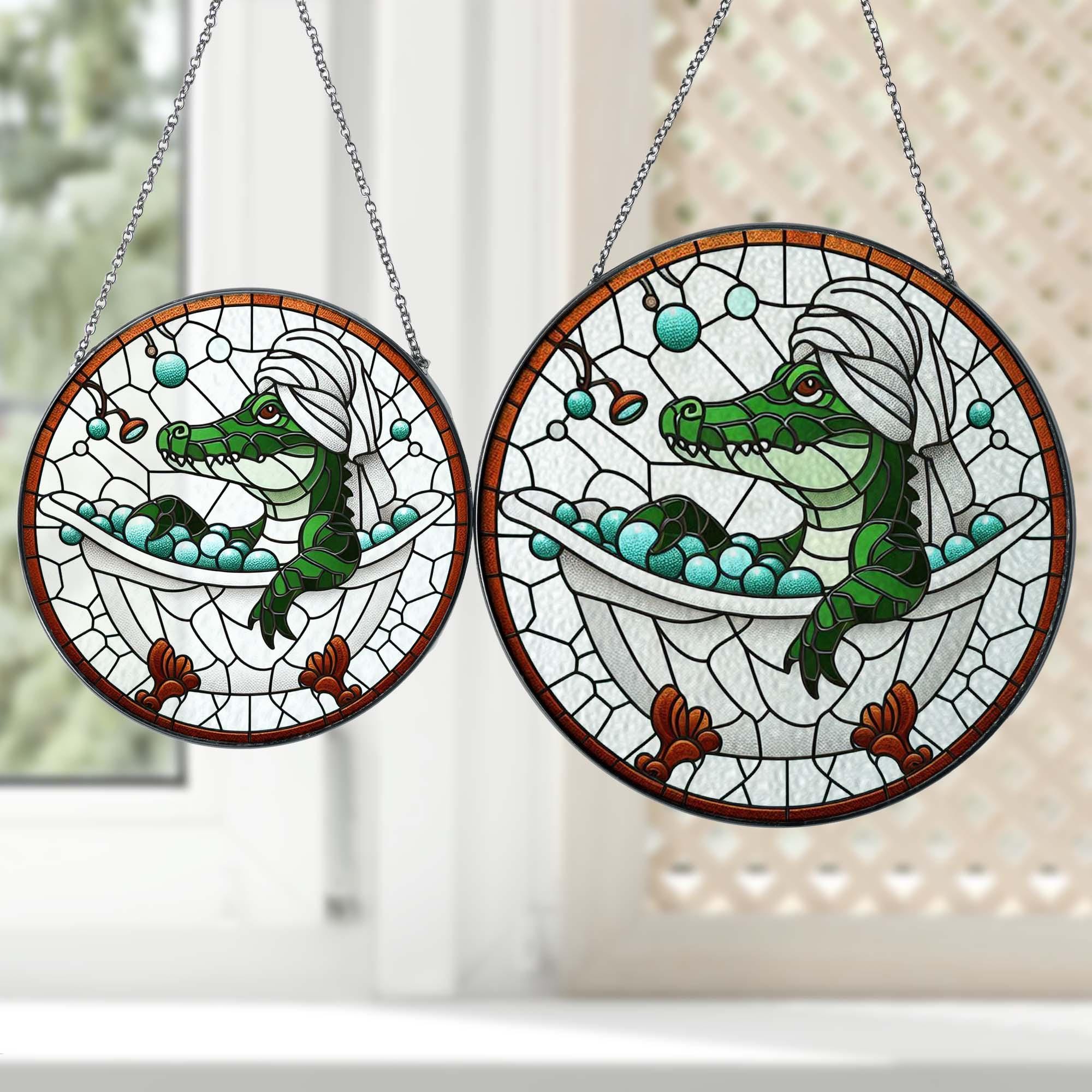 Gator in bath tub GLASS Suncatcher Hanging, Funny Alligator, Alligator glass ornament, Bathroom decor, Funny Bathroom decor,