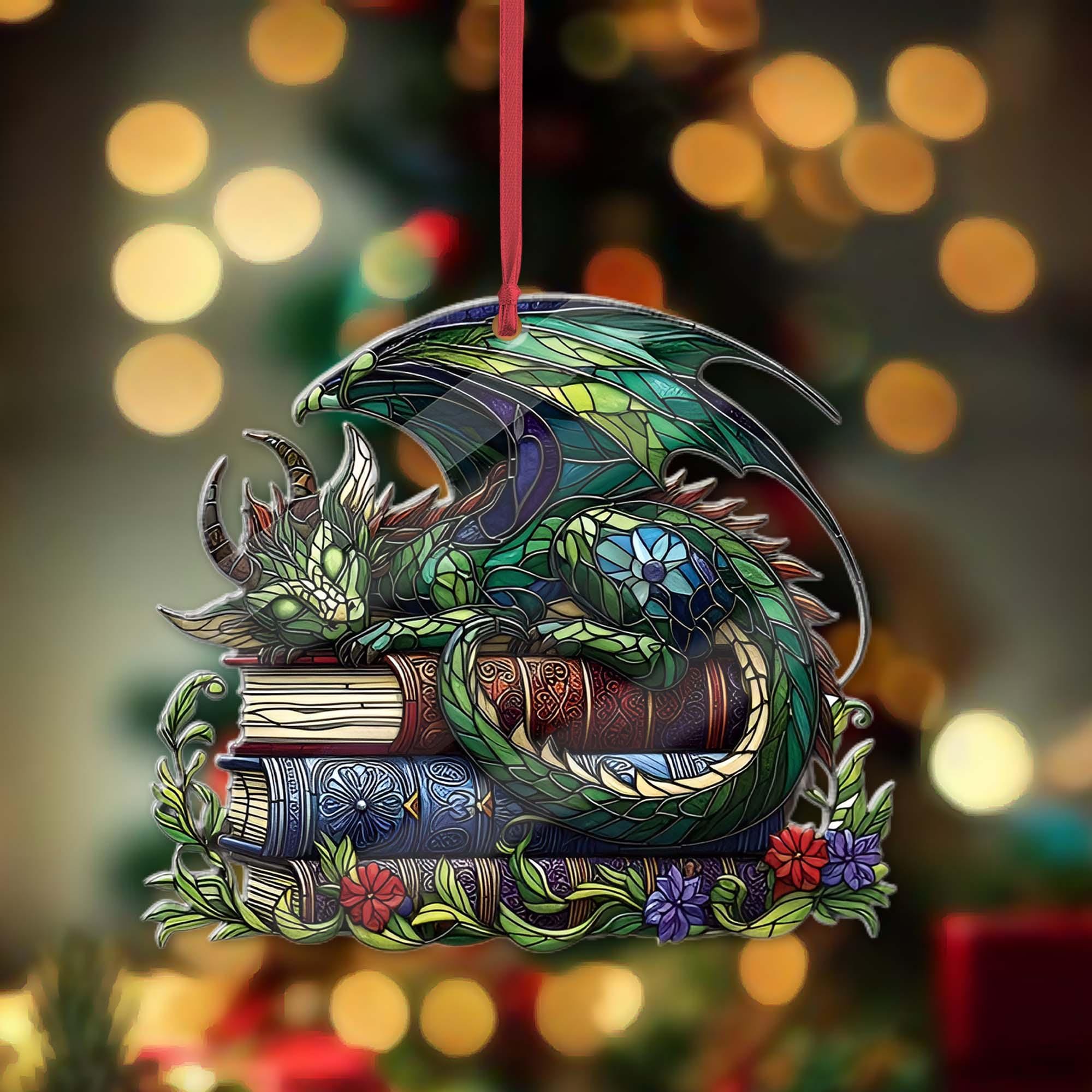 Dragon sleep over bookstack Christmas ornament, Book lovers gift, Librarian gift, Christmas hanging, book  dragon, Book nerd gift