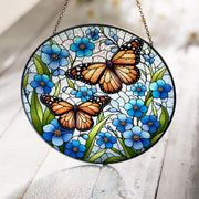 Monarchs among Forget me not flowers GLASS suncatcher Hanging, Monarch Window hanging, Suncatcher ornament, Housewarming gift