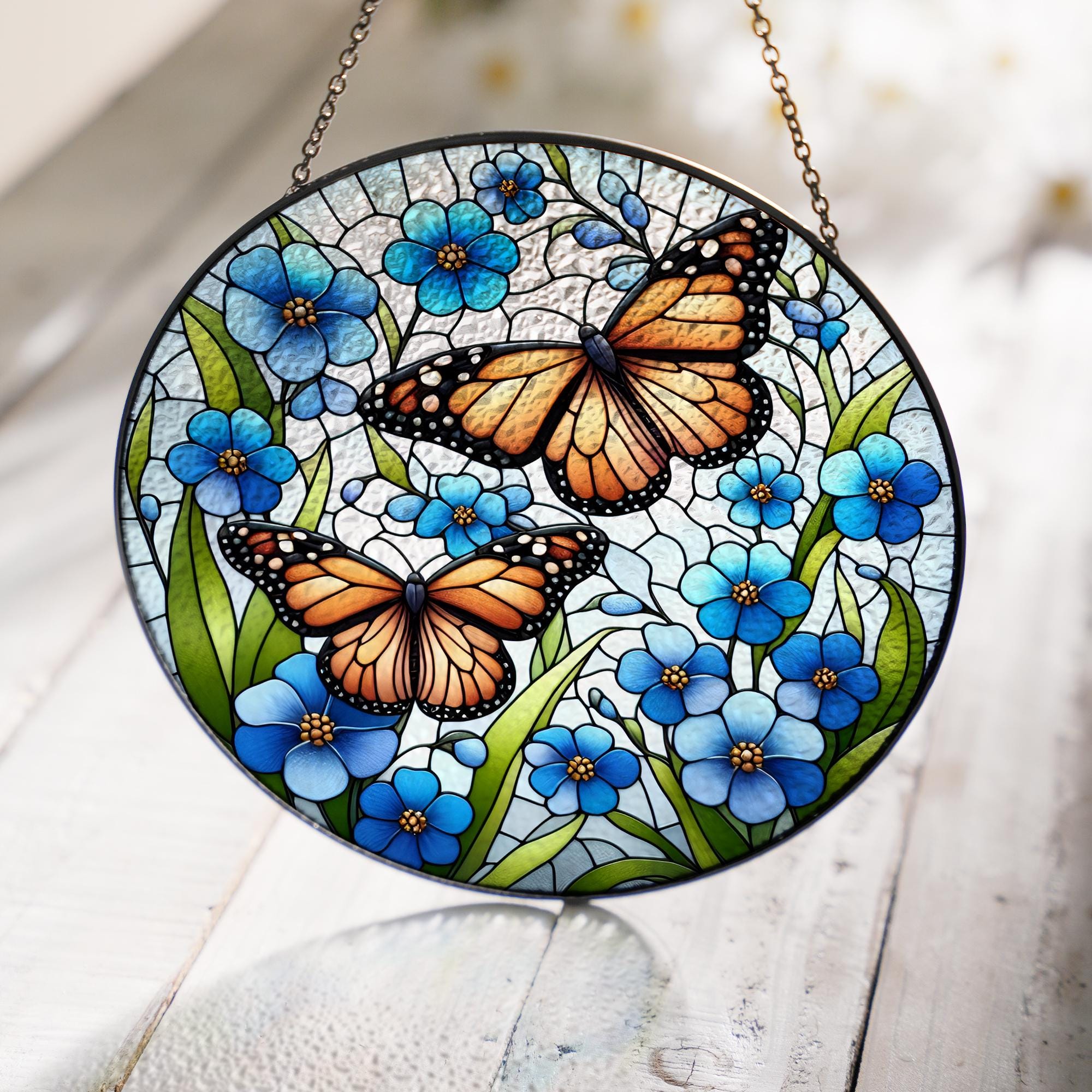 Monarchs among Forget me not flowers GLASS suncatcher Hanging, Monarch Window hanging, Suncatcher ornament, Housewarming gift