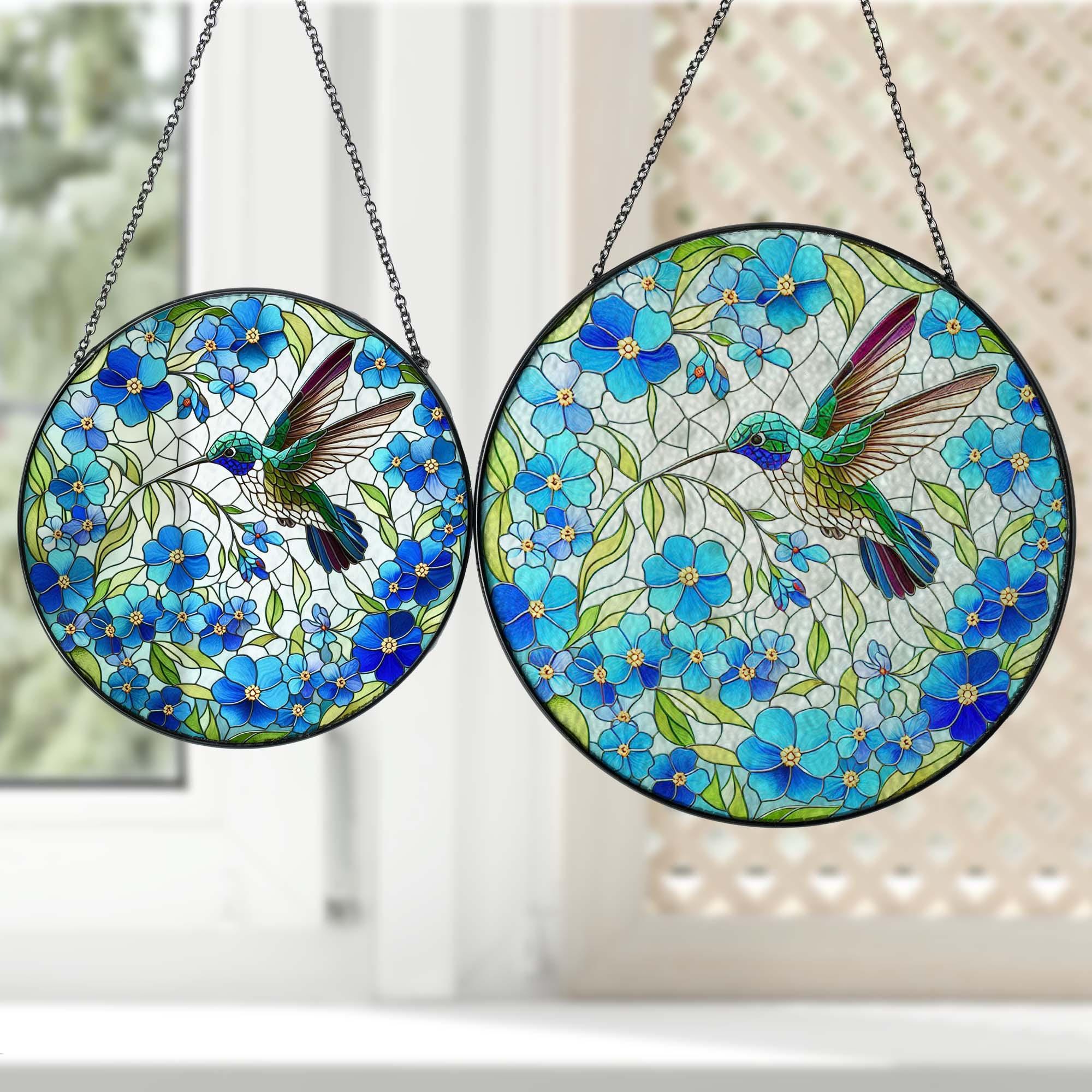 Hummingbird among Forget me not flowers GLASS suncatcher Hanging, Hummingbird Window hanging, Suncatcher ornament,MOTHER'S DAY gift 2025