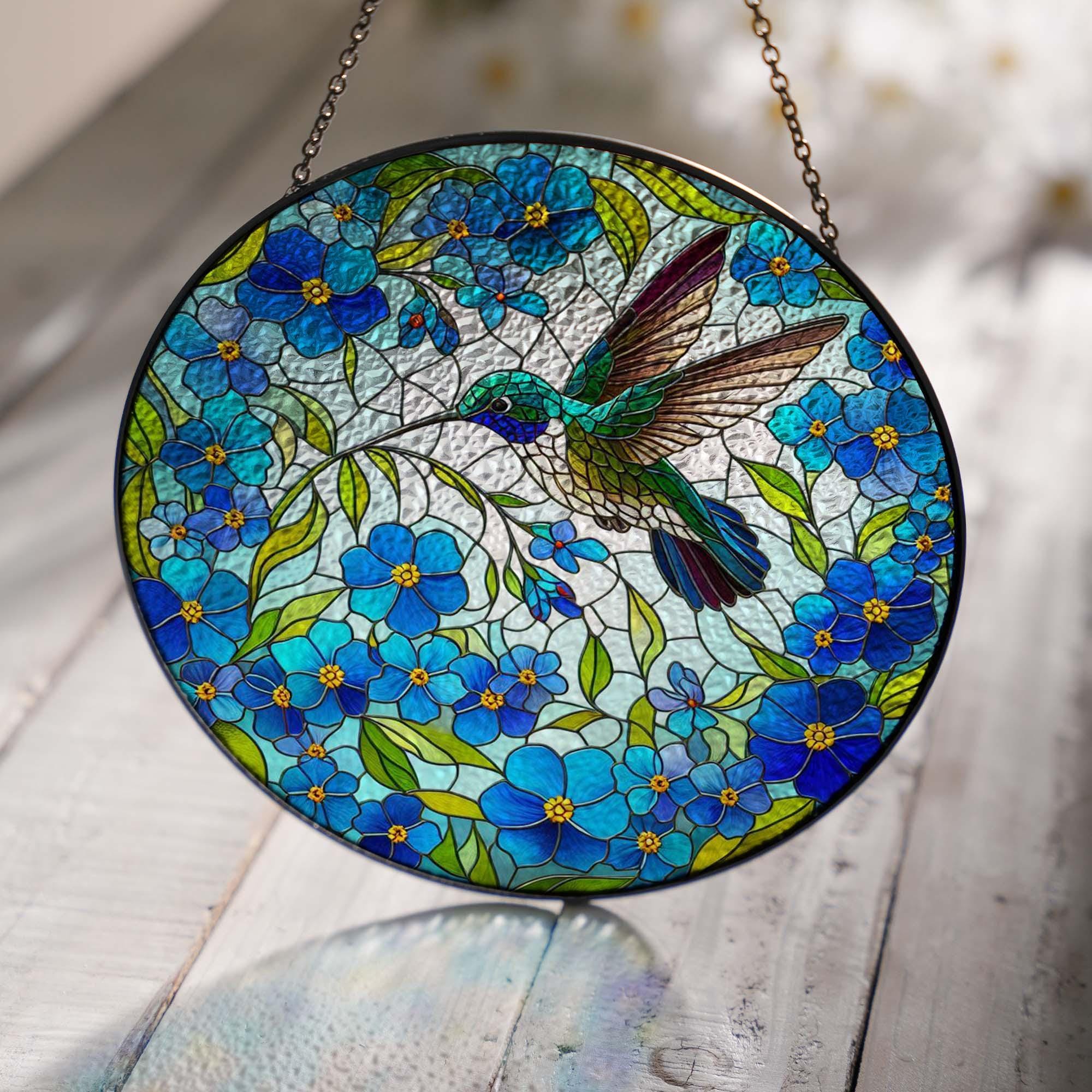 Hummingbird among Forget me not flowers GLASS suncatcher Hanging, Hummingbird Window hanging, Suncatcher ornament,MOTHER'S DAY gift 2025