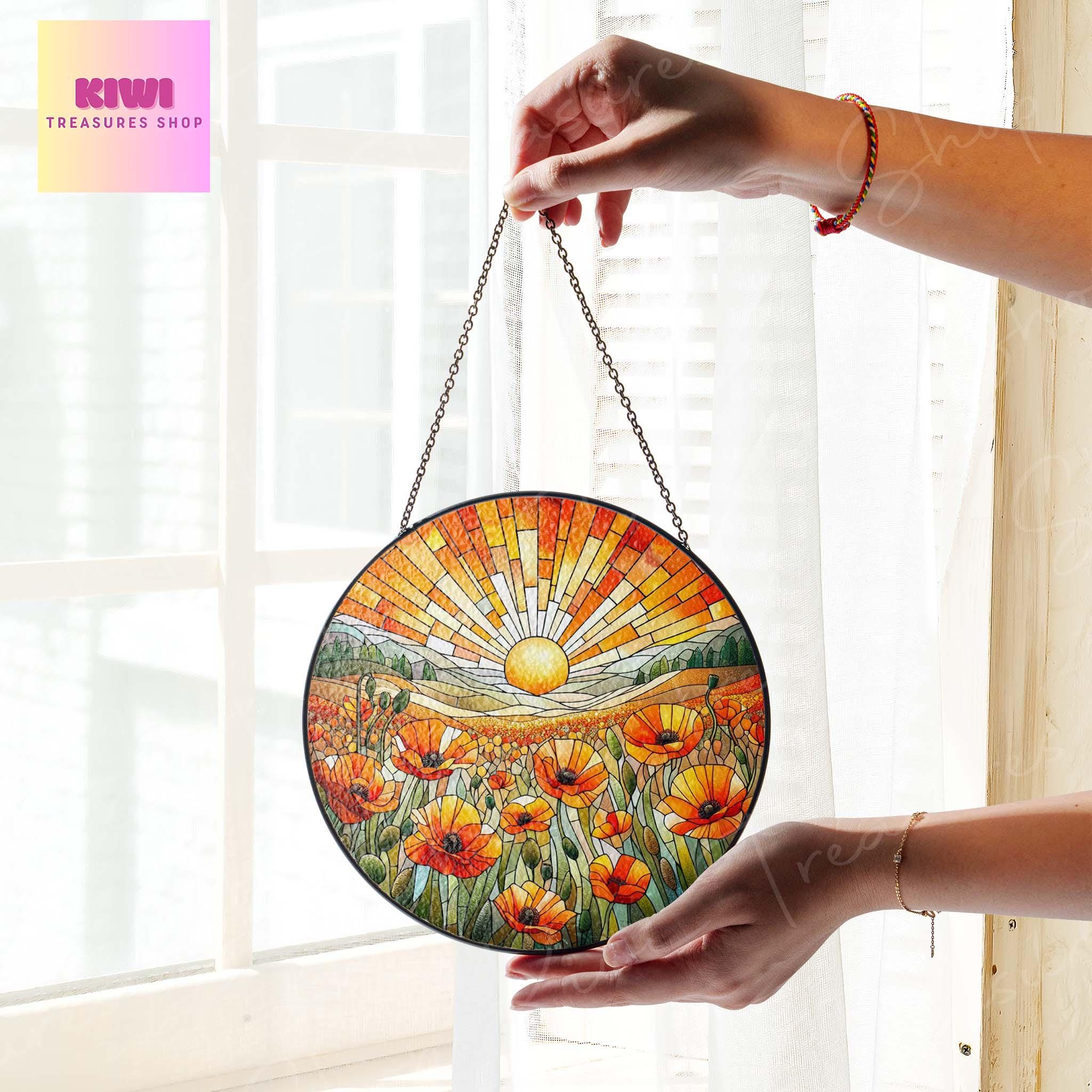 California Poppies Flower GLASS Suncatcher Hanging, orange poppies glass, sunset Window hanging, poppies Flower suncatcher