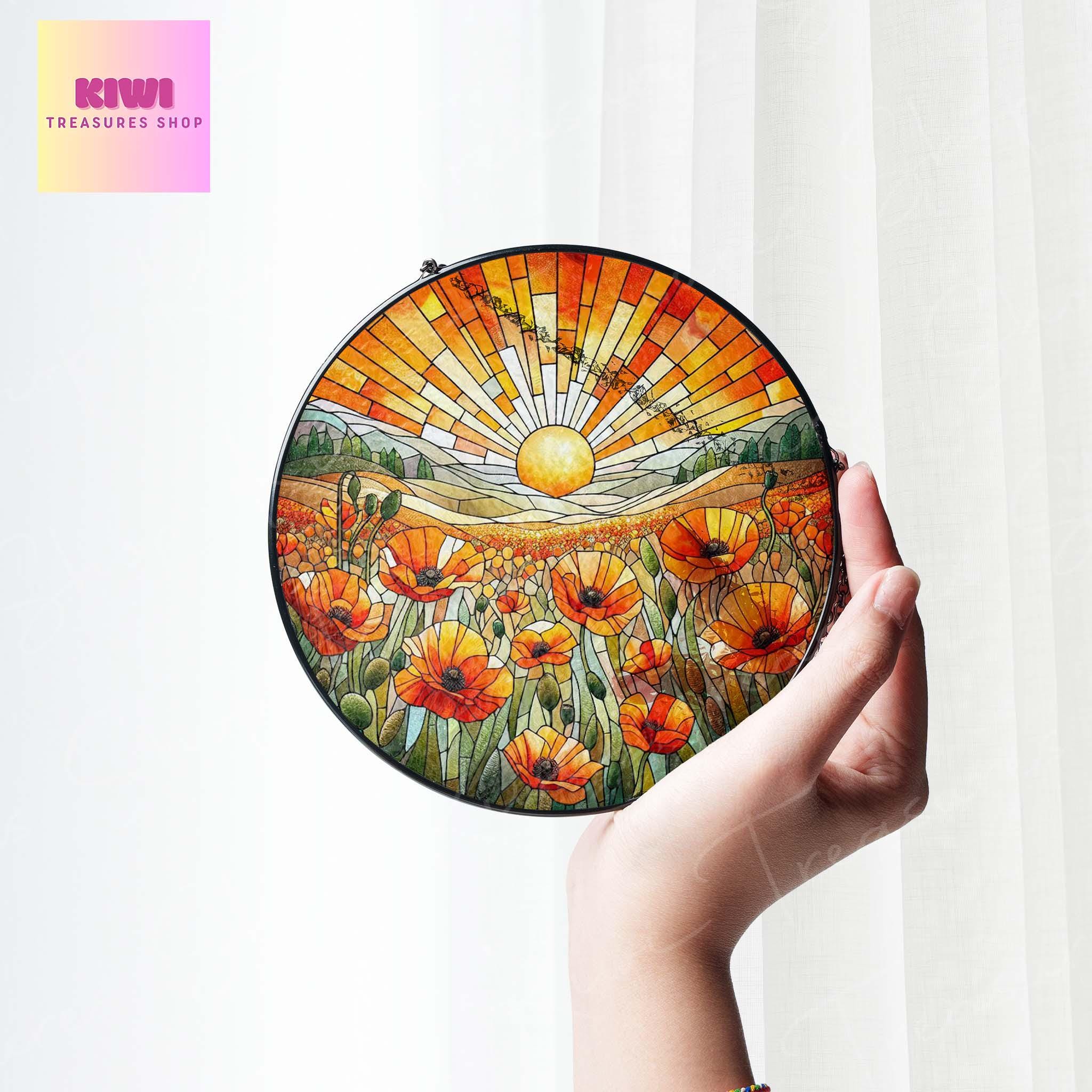 California Poppies Flower GLASS Suncatcher Hanging, orange poppies glass, sunset Window hanging, poppies Flower suncatcher
