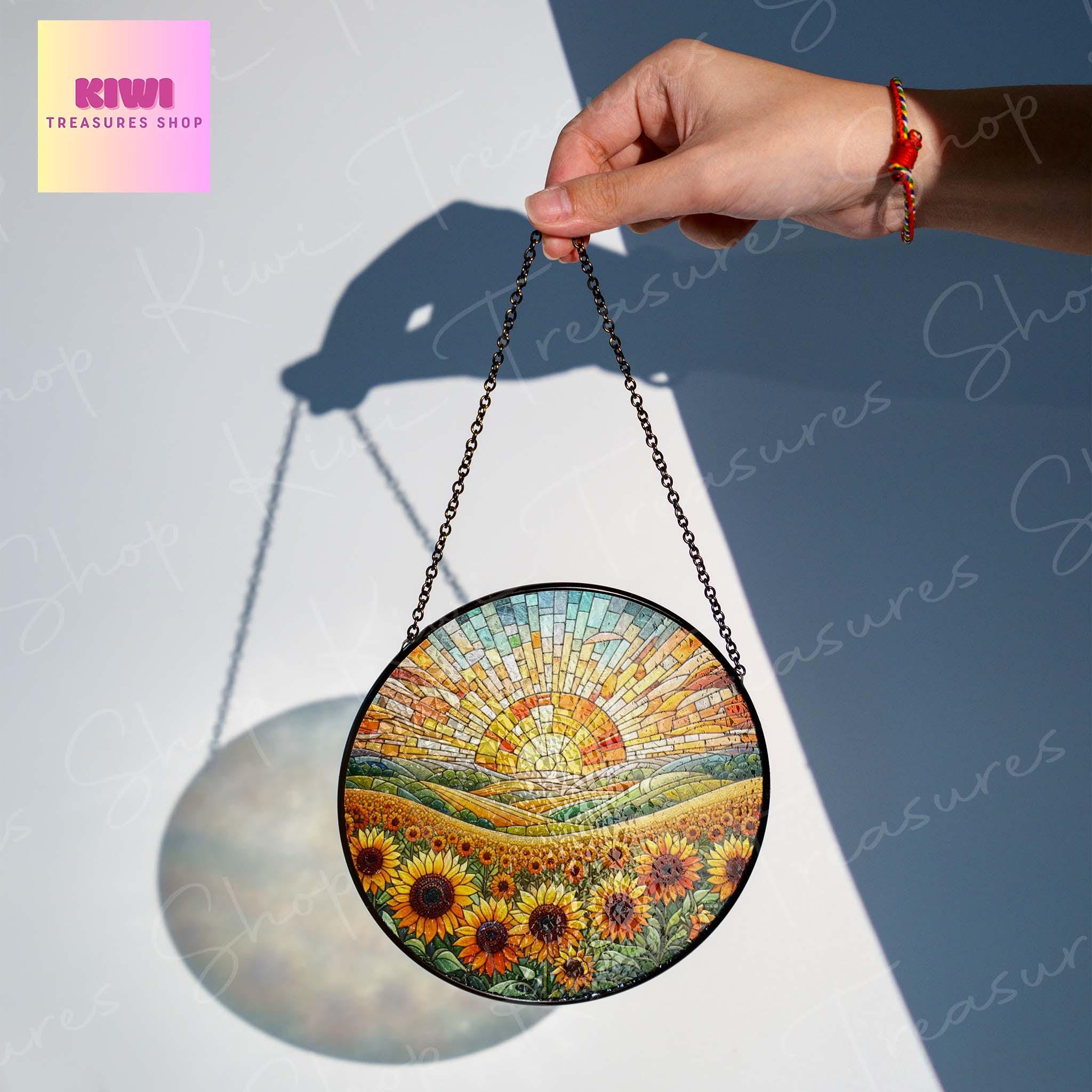 Sunsflower field Sunset GLASS Suncatcher Hanging, sunflower suncatcher glass, sunset Window hanging, SunflowerFlower lover gift
