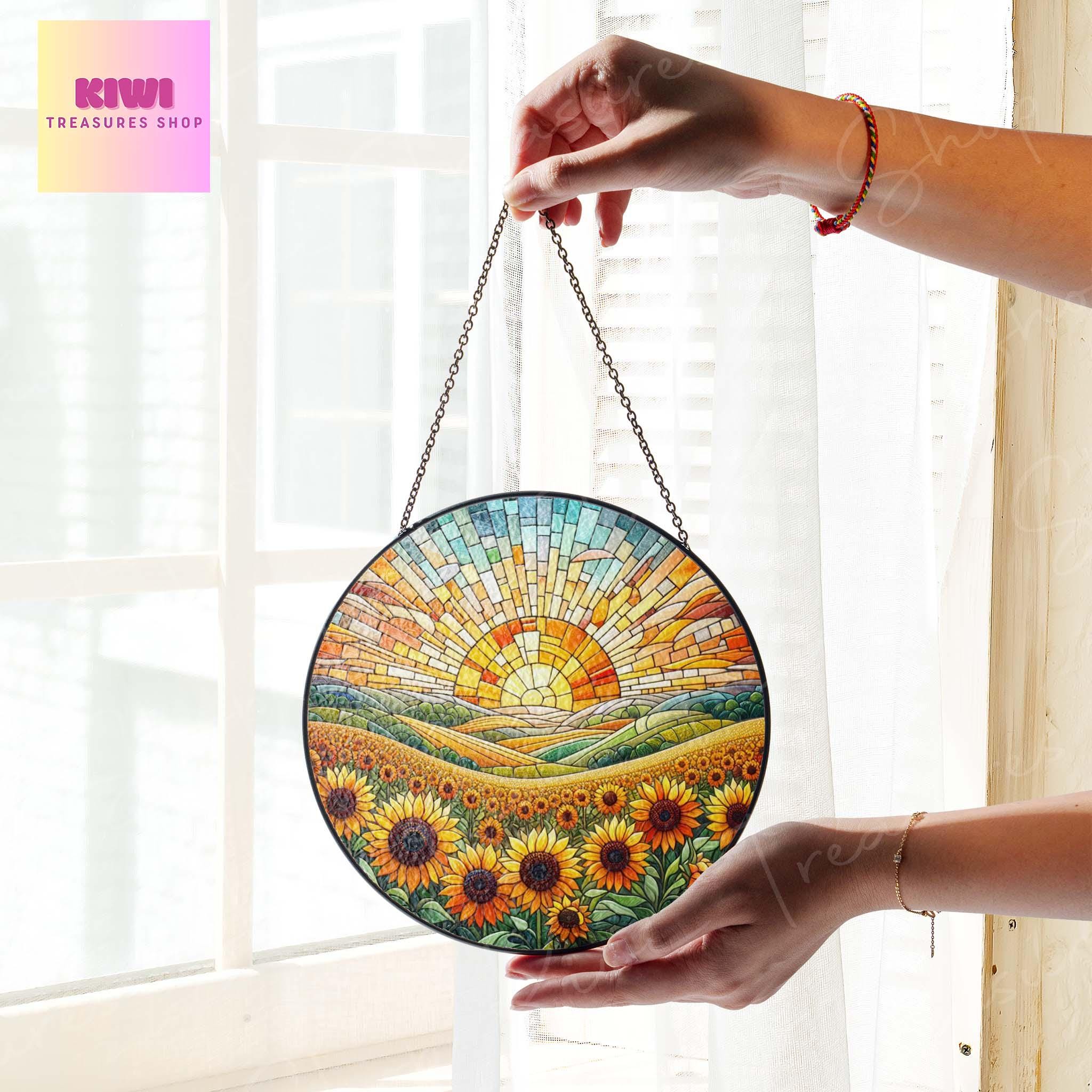 Sunsflower field Sunset GLASS Suncatcher Hanging, sunflower suncatcher glass, sunset Window hanging, SunflowerFlower lover gift